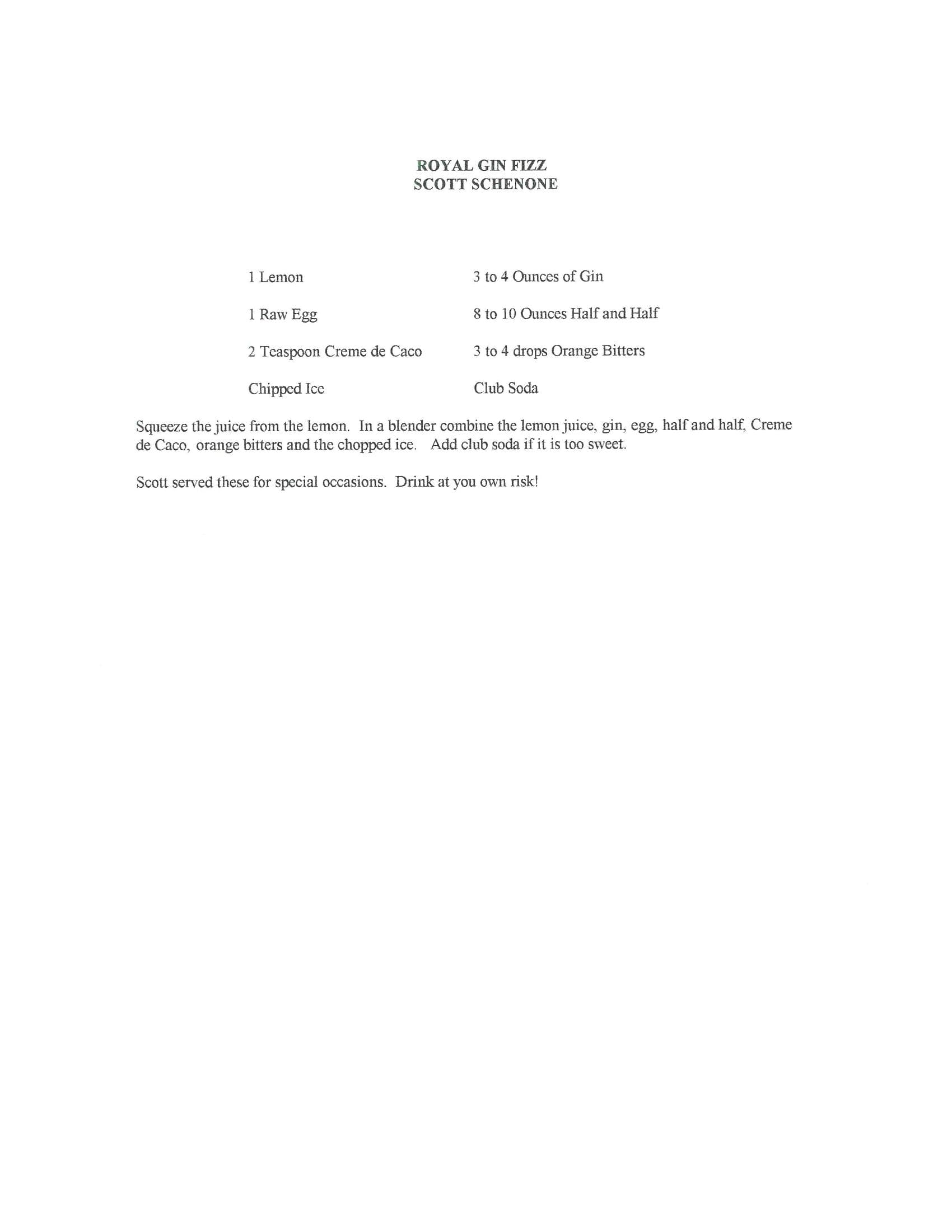 Original cookbook page for Royal Gin Fizz