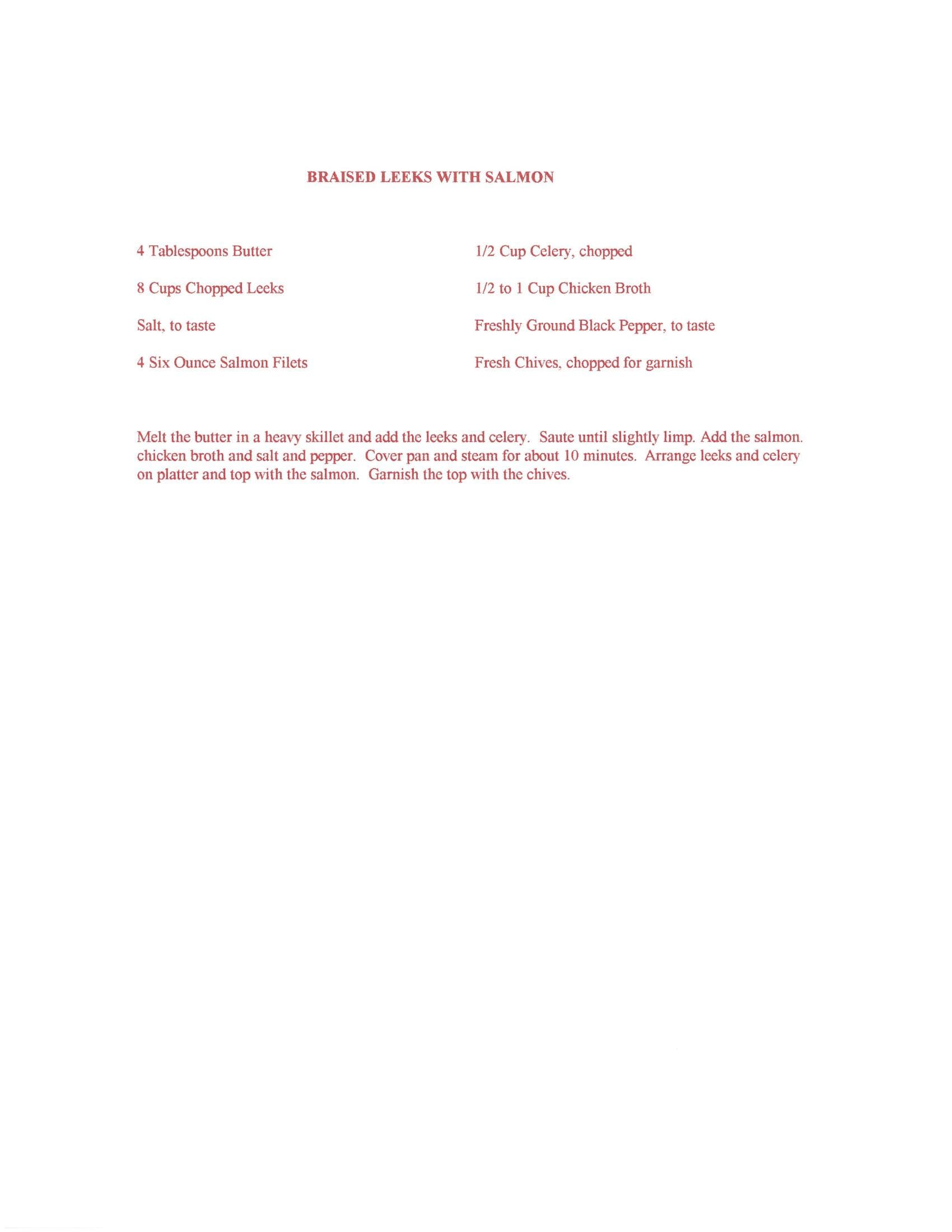 Original cookbook page for Braised Leeks with Salmon