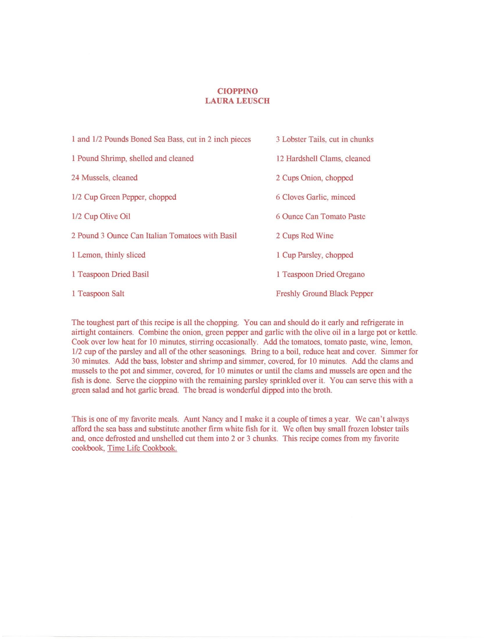Original cookbook page for Cioppino