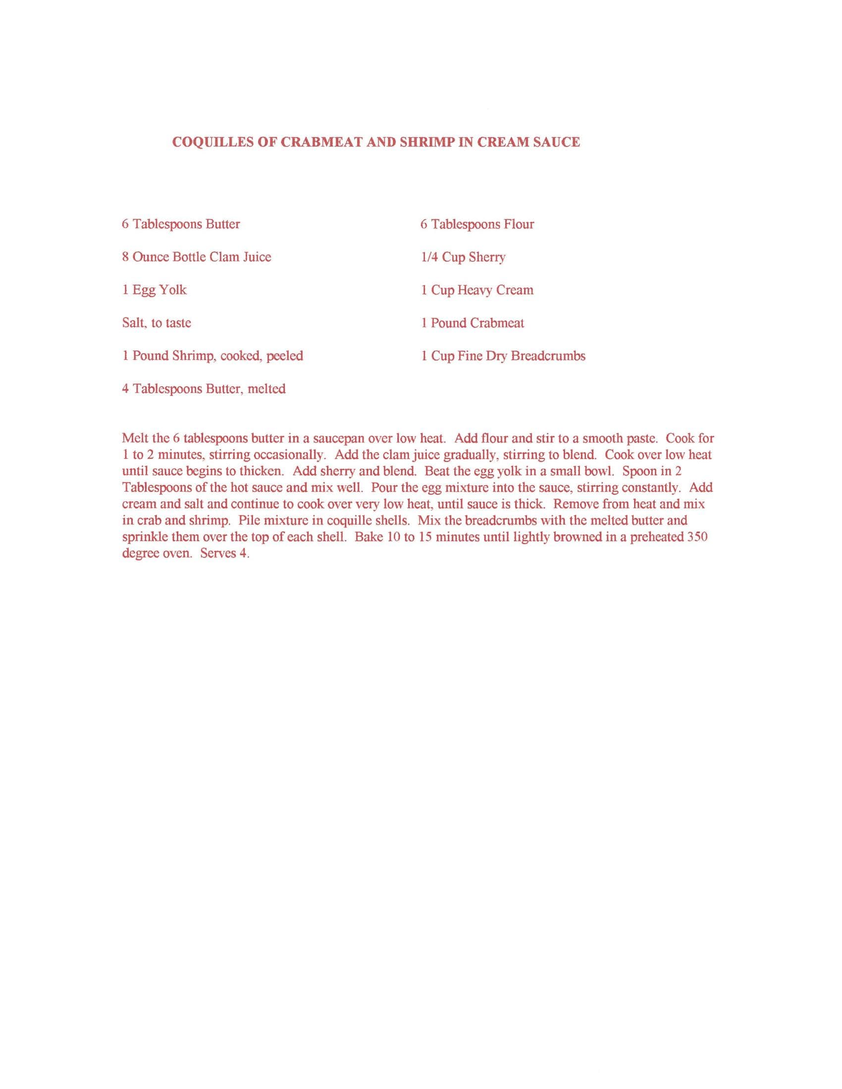Original cookbook page for Coquilles of Crabmeat and Shrimp in Cream Sauce