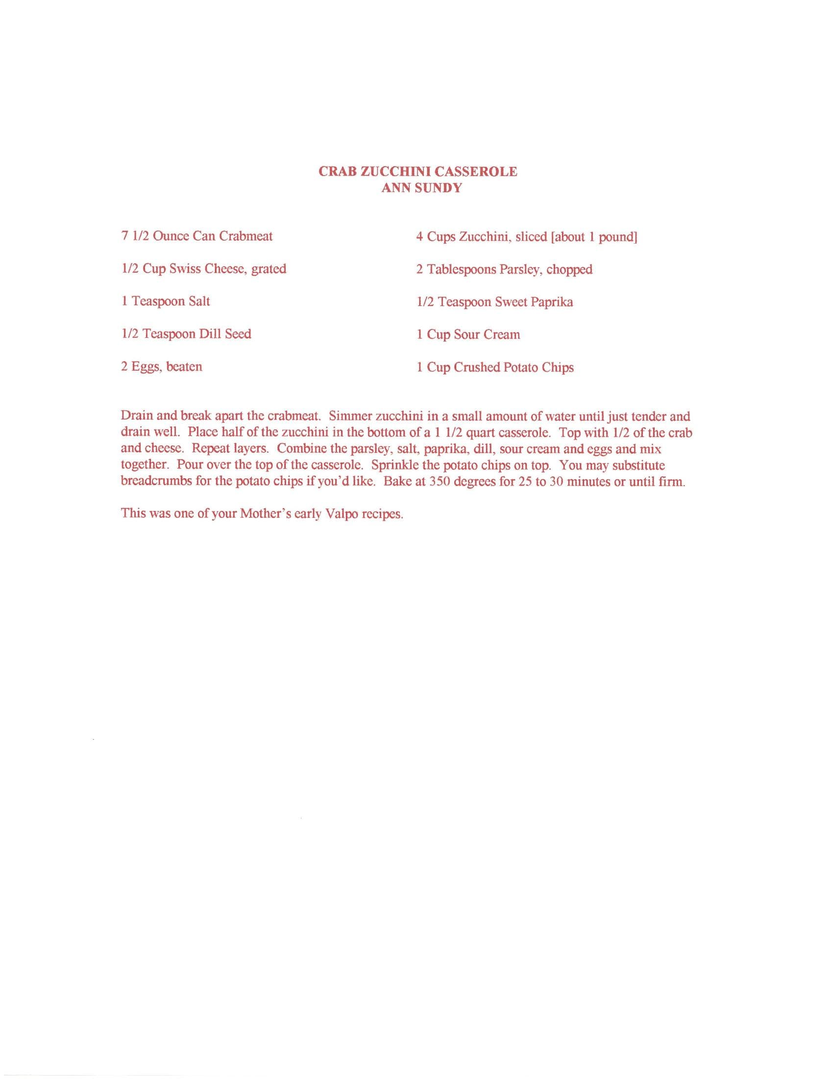 Original cookbook page for Crab Zucchini Casserole