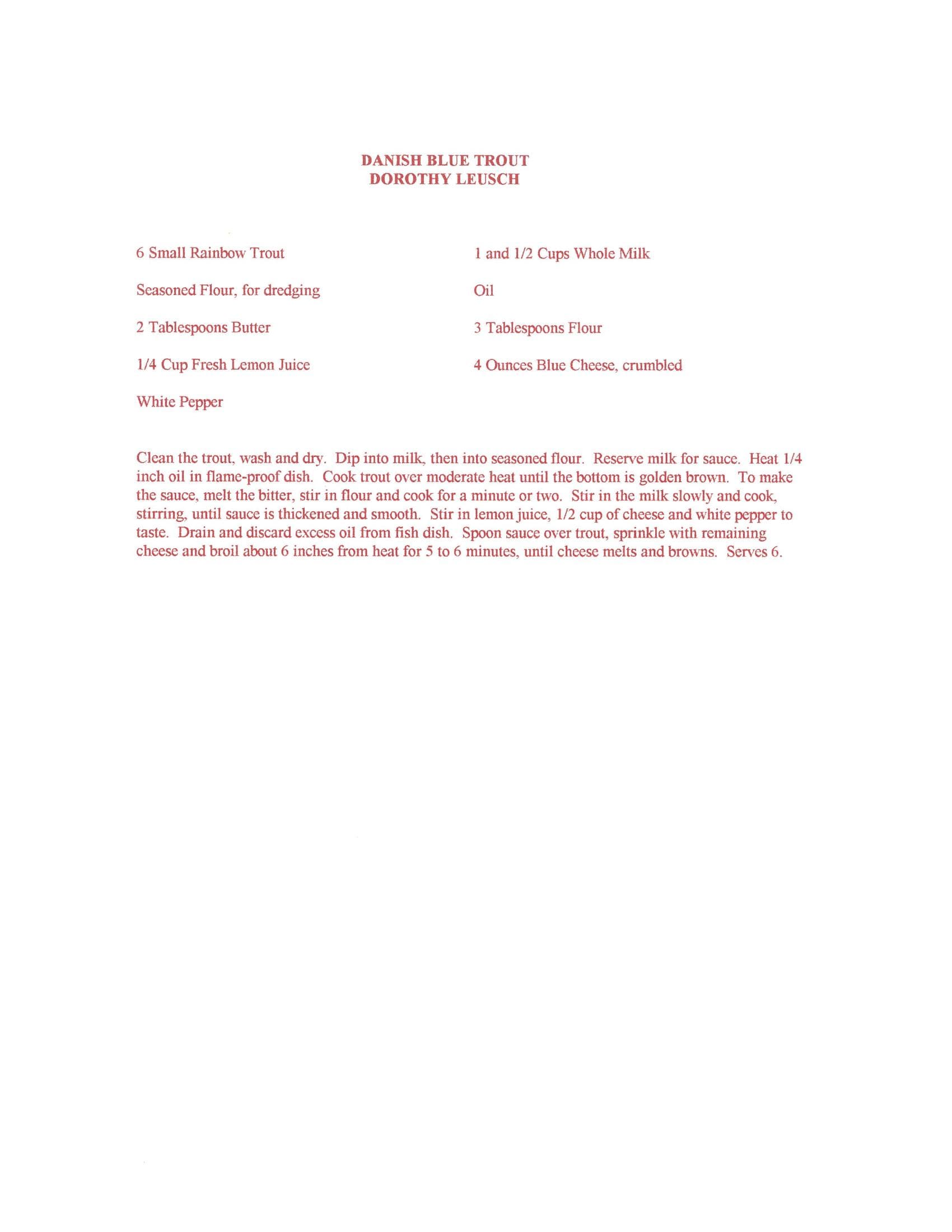 Original cookbook page for Danish Blue Trout