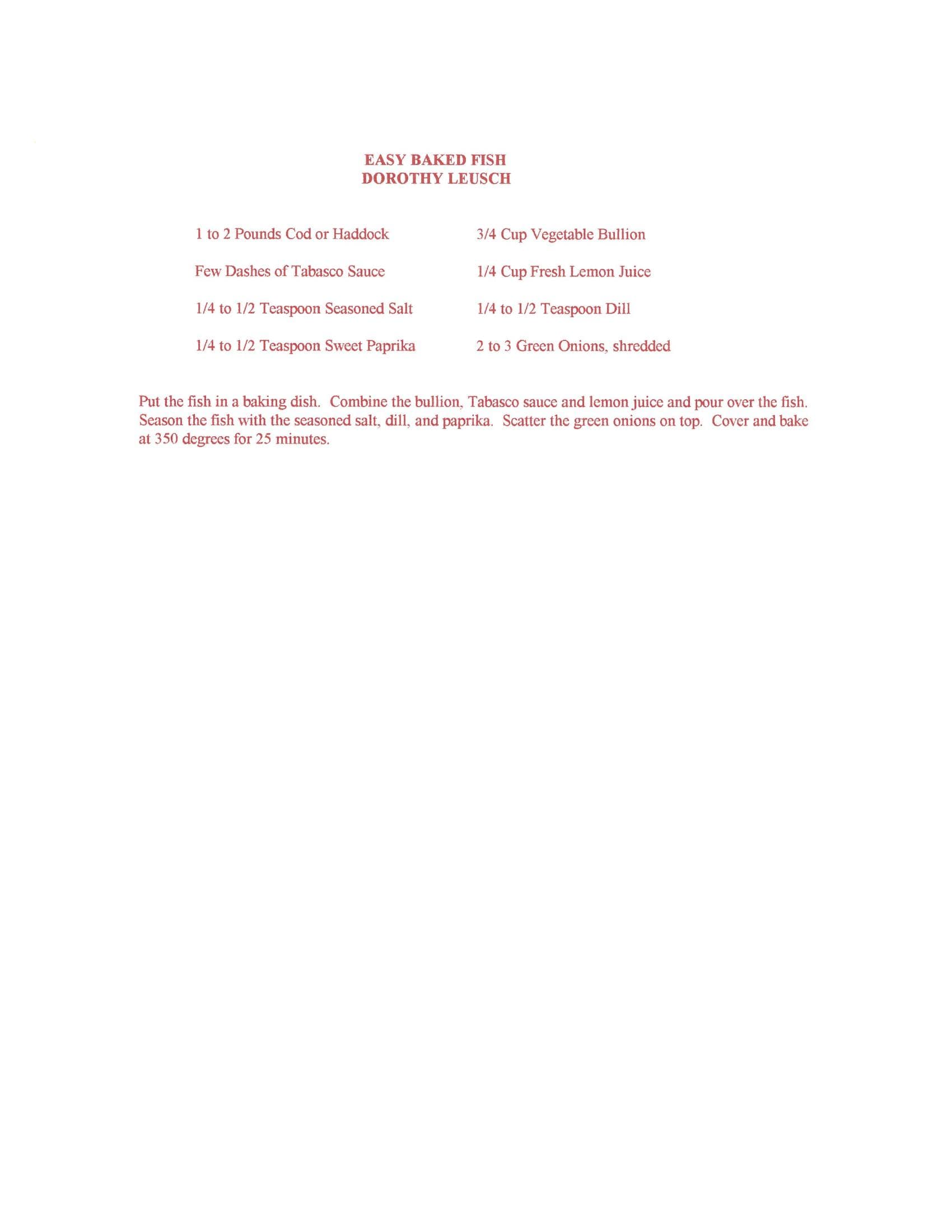 Original cookbook page for Easy Baked Fish