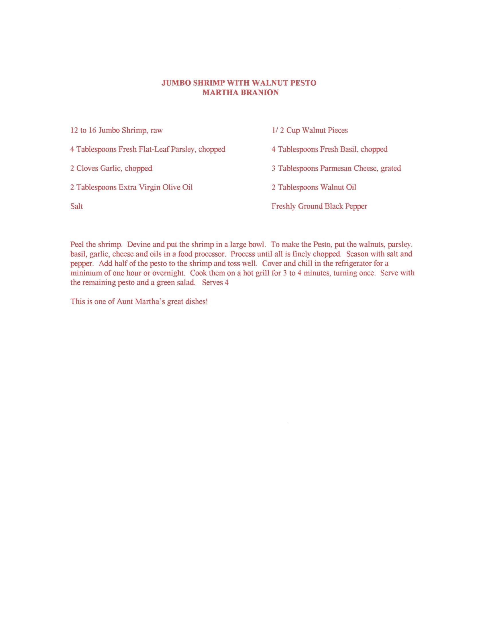 Original cookbook page for Jumbo Shrimp with Walnut Pesto