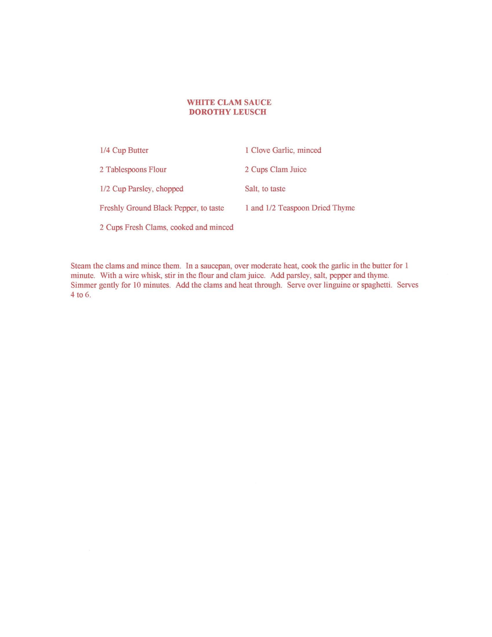 Original cookbook page for White Clam Sauce