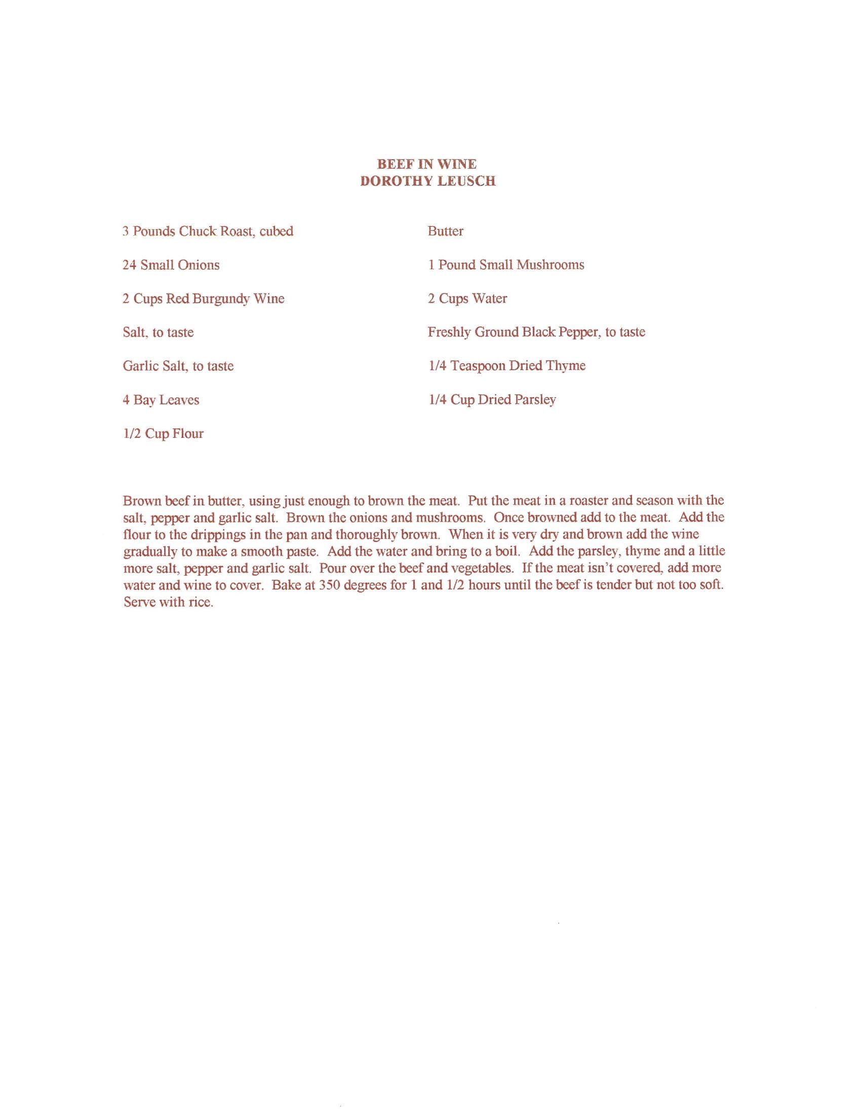 Original cookbook page for Beef in Wine