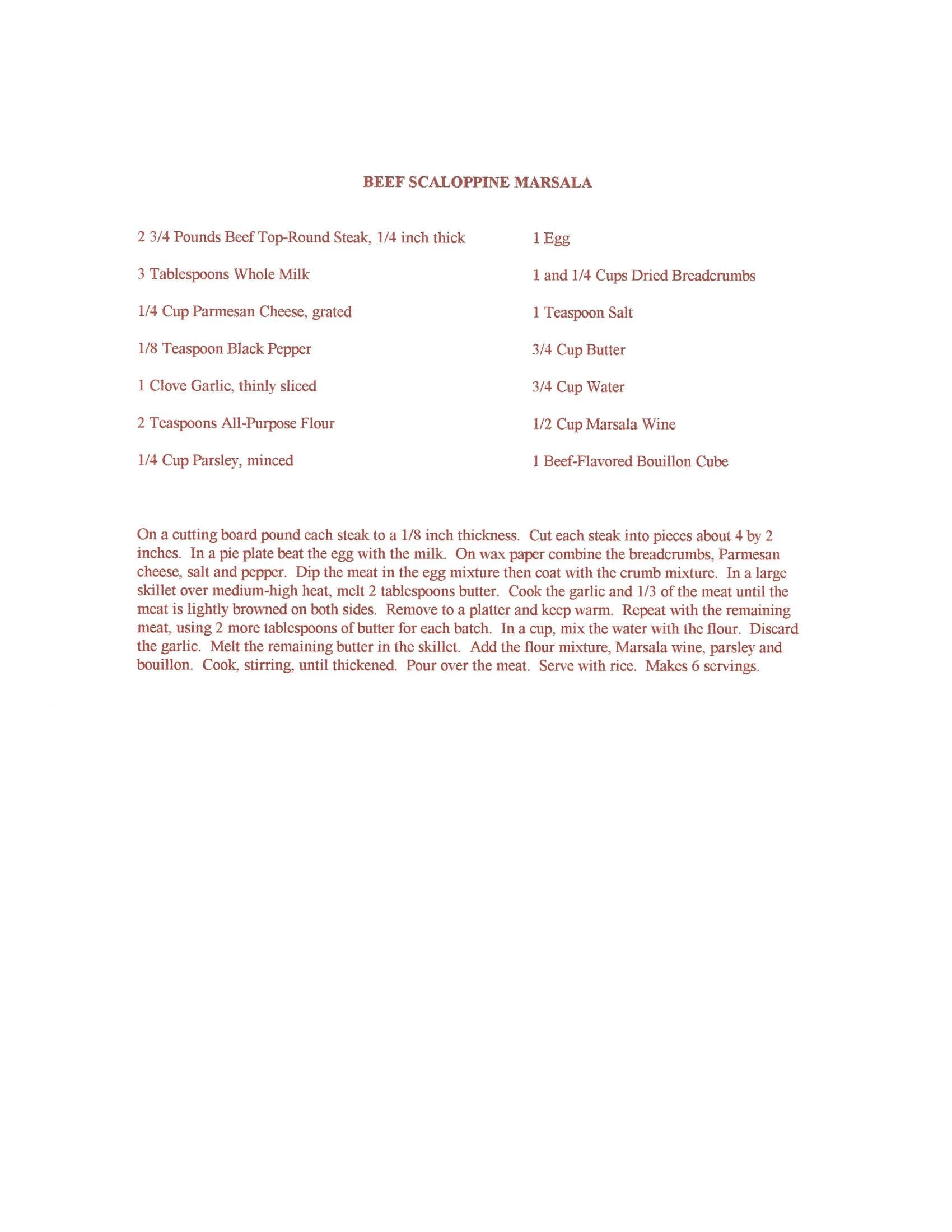 Original cookbook page for Beef Scaloppine Marsala