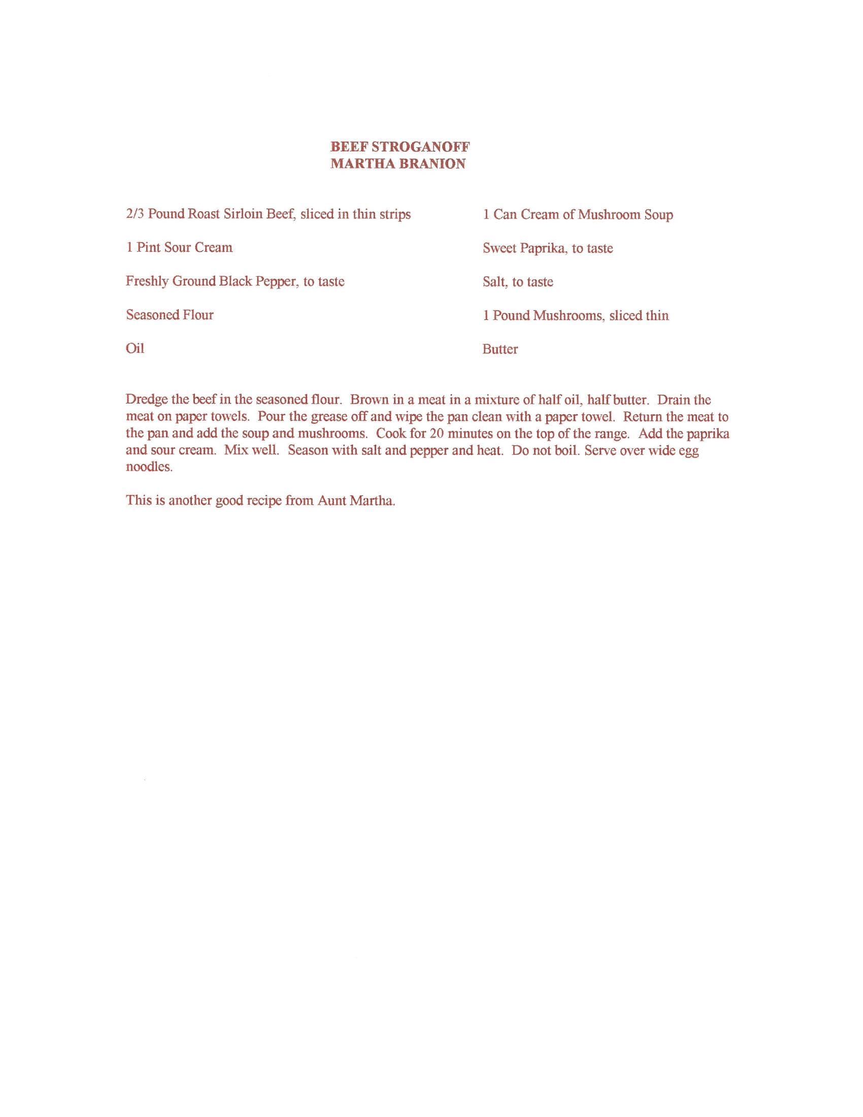 Original cookbook page for Beef Stroganoff