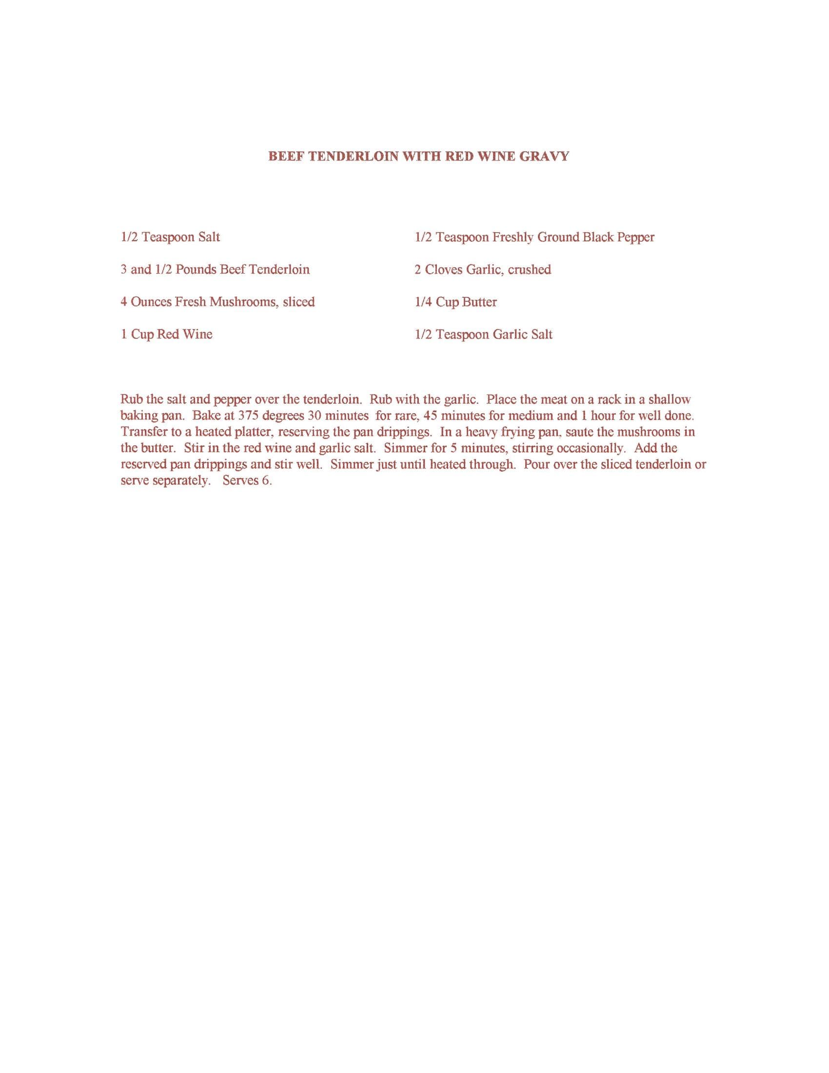 Original cookbook page for Beef Tenderloin with Red Wine Gravy