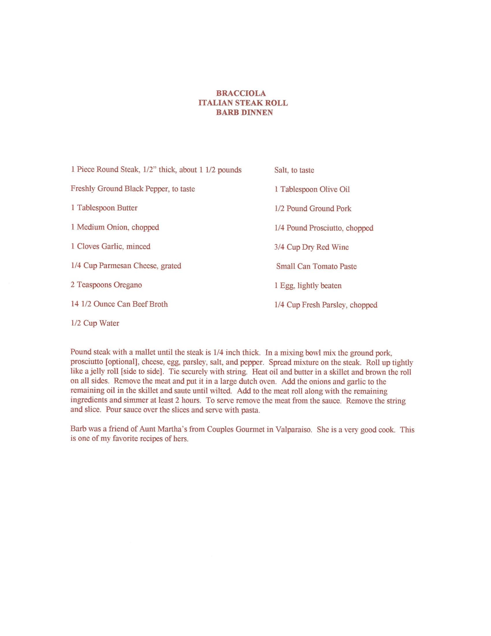 Original cookbook page for Bracciola