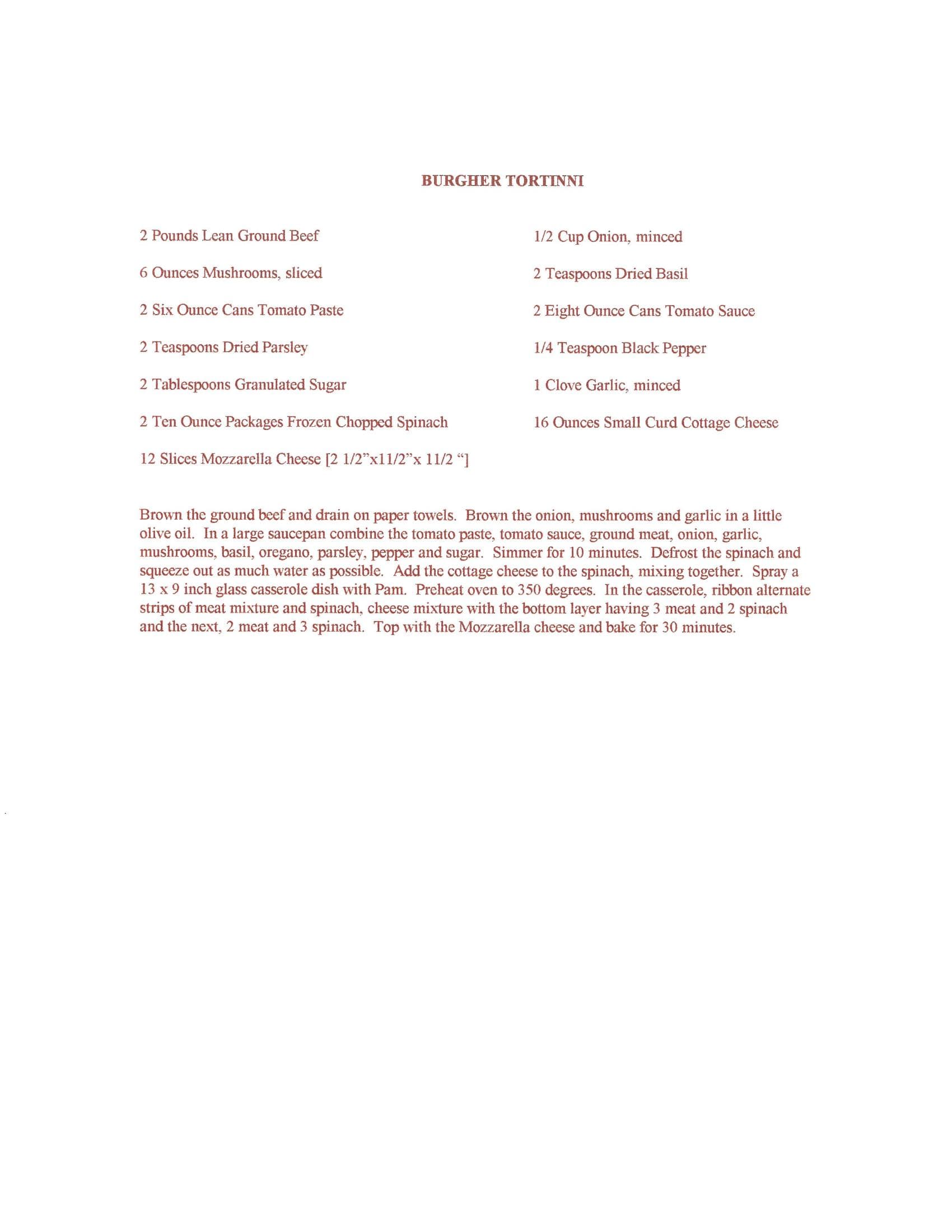 Original cookbook page for Burgher Tortinni
