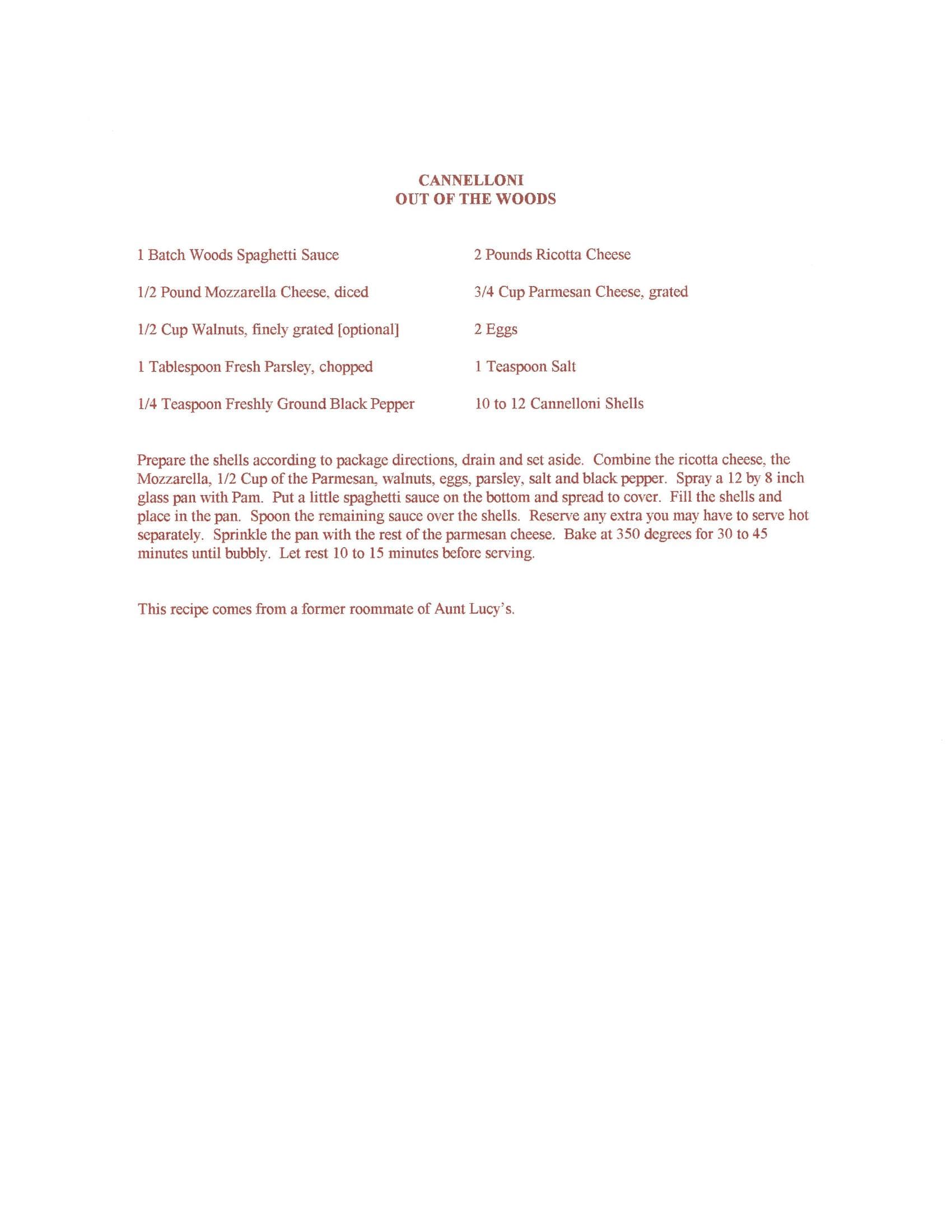 Original cookbook page for Cannelloni Out of the Woods