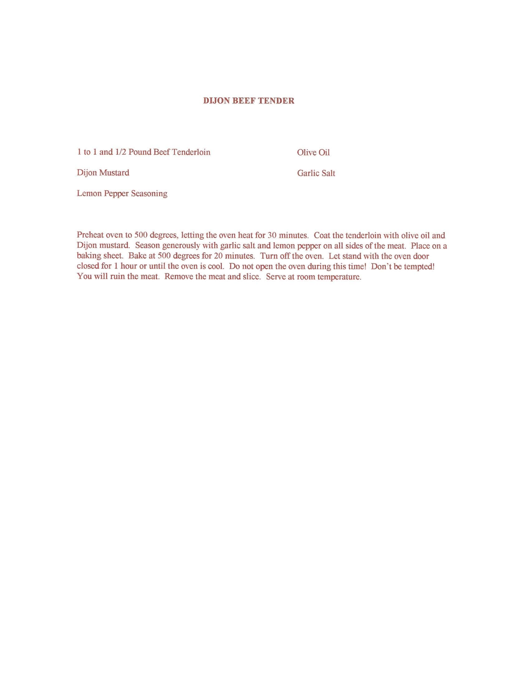 Original cookbook page for Dijon Beef Tender