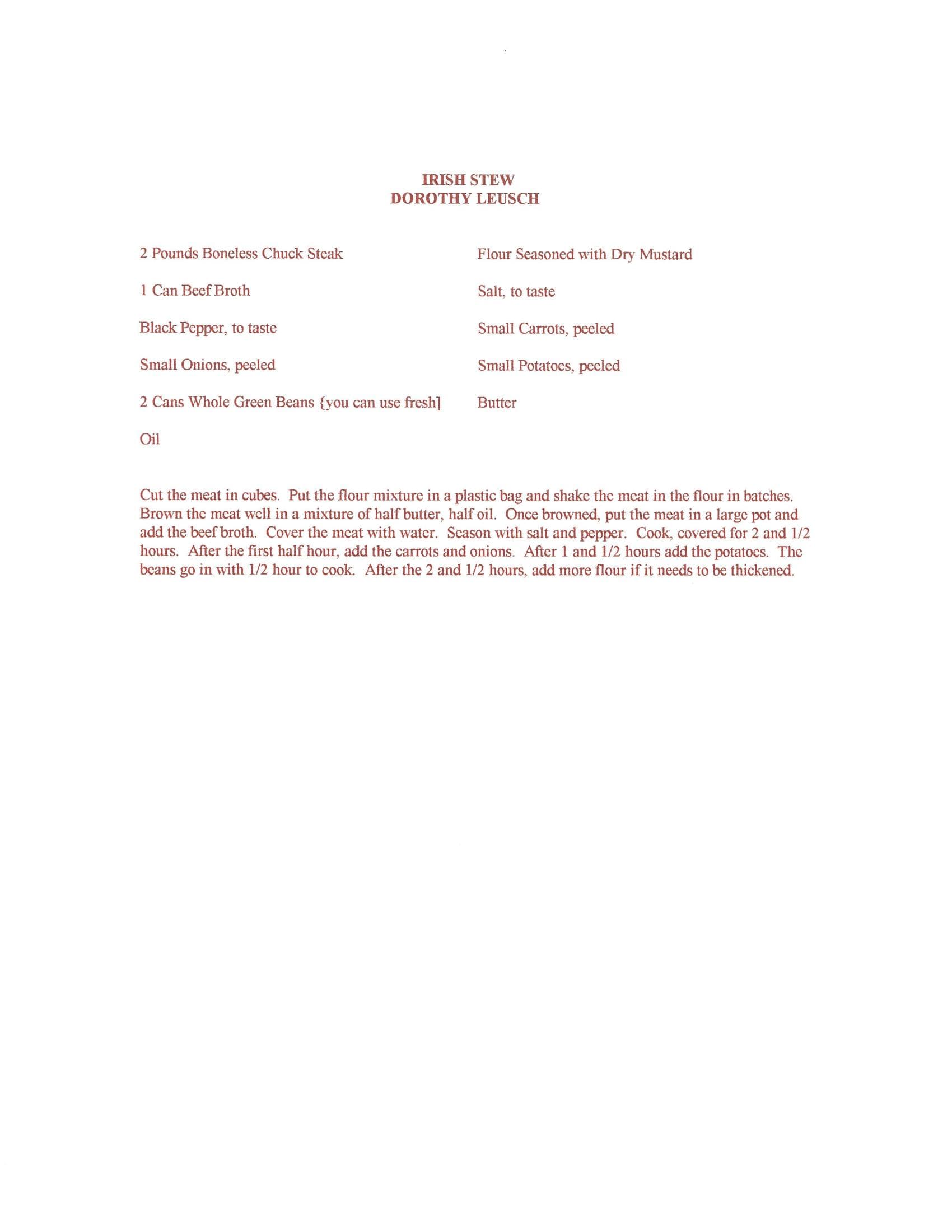 Original cookbook page for Irish Stew