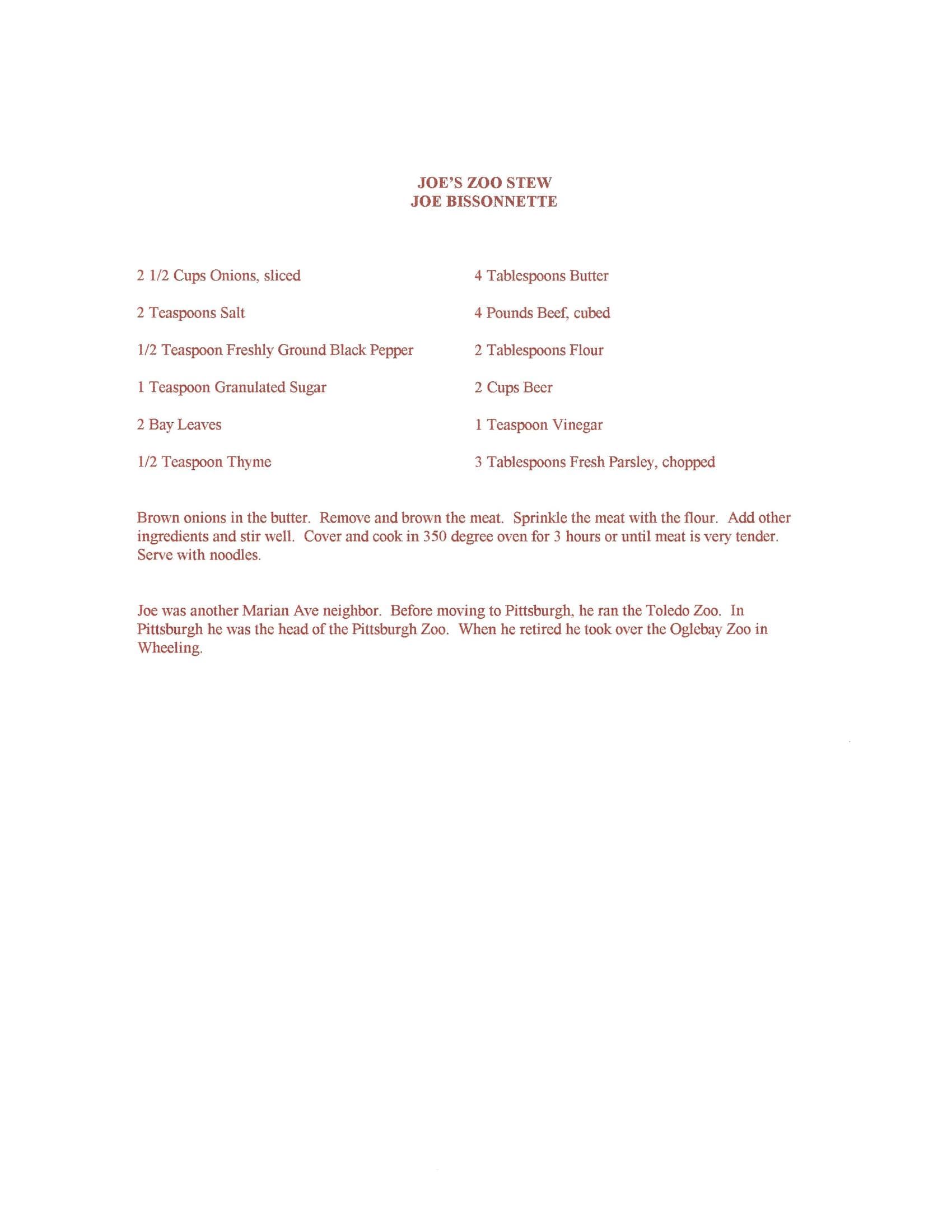 Original cookbook page for Joe's Zoo Stew