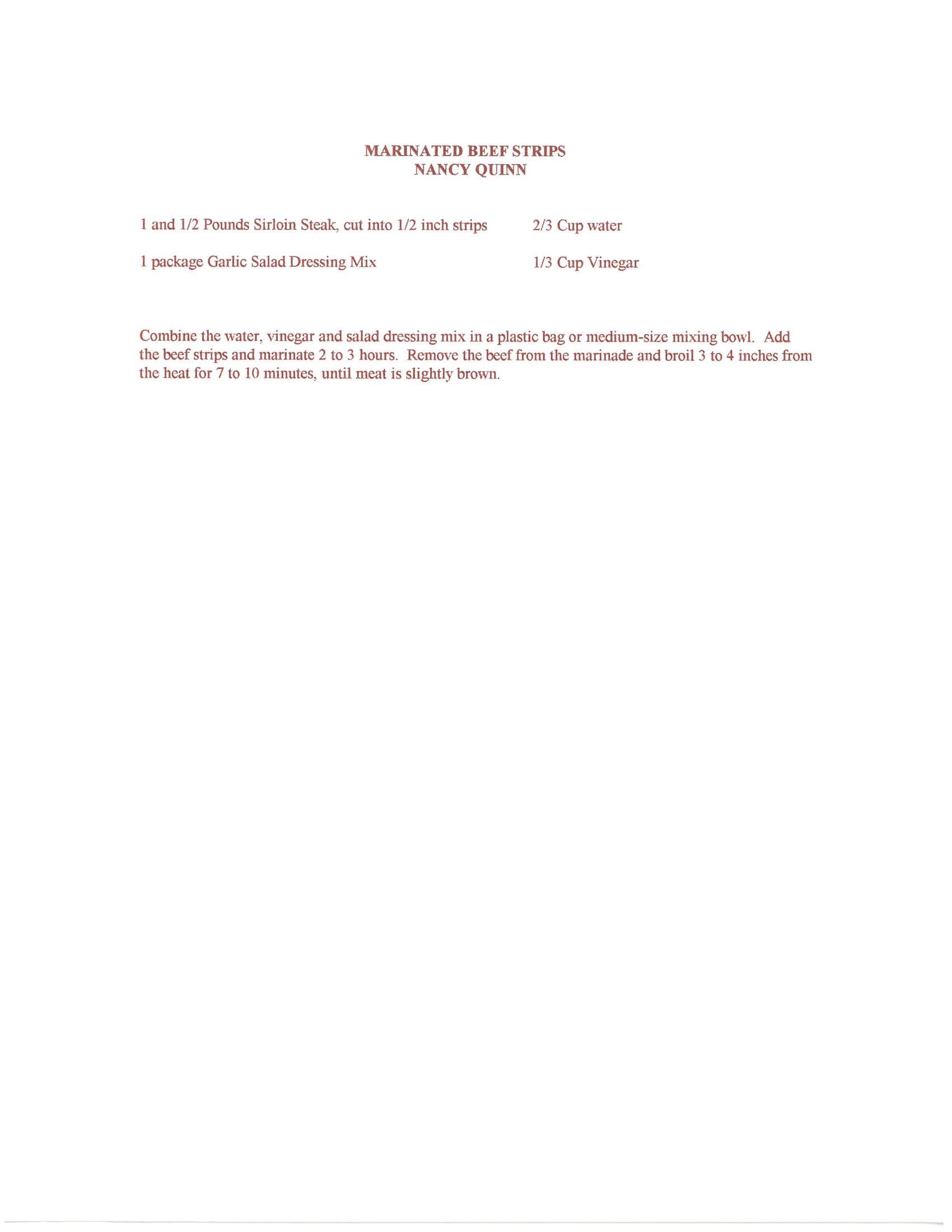 Original cookbook page for Marinated Beef Strips