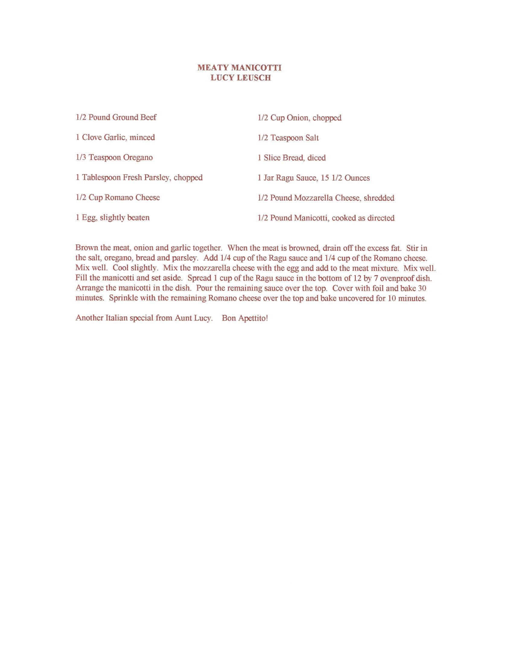 Original cookbook page for Meaty Manicotti