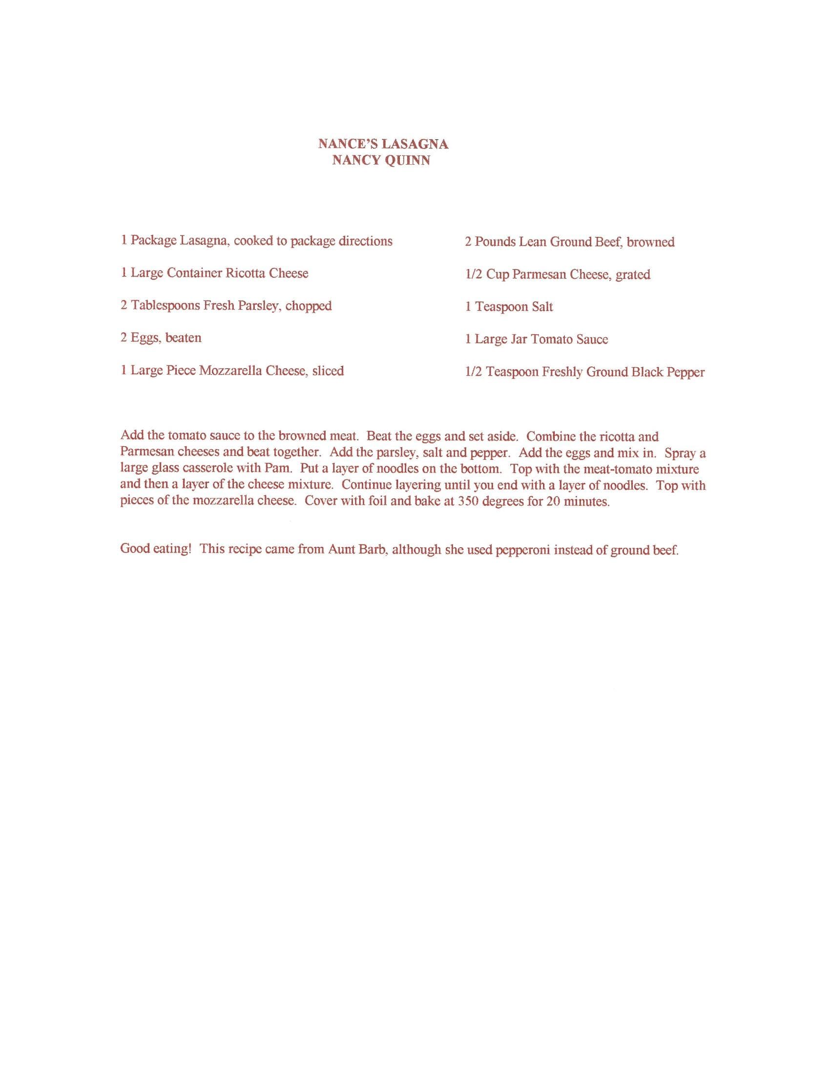 Original cookbook page for Nance's Lasagna