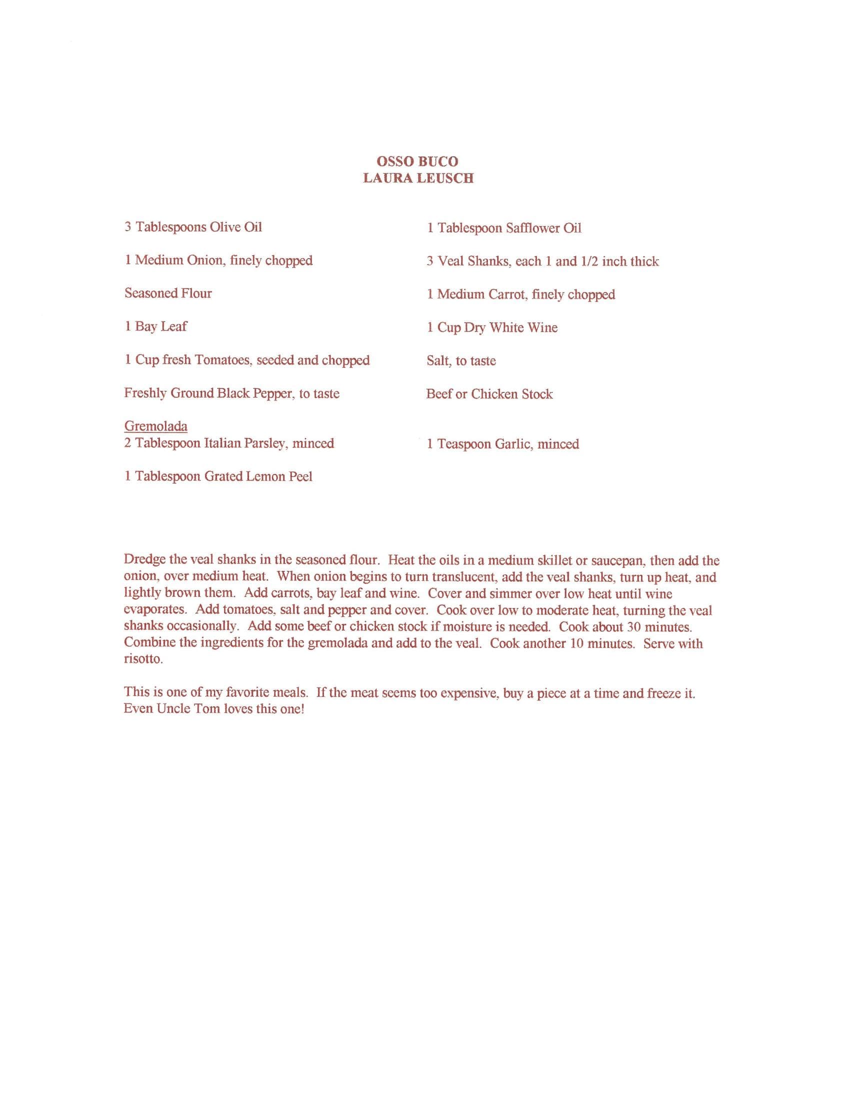 Original cookbook page for Osso Buco