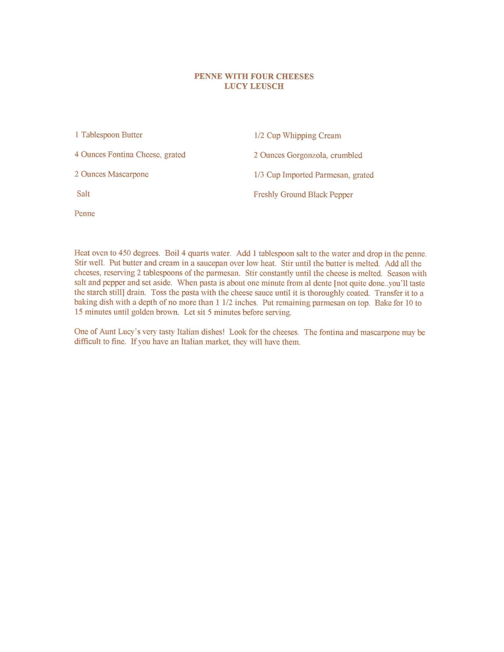 Original cookbook page for Penne with Four Cheeses