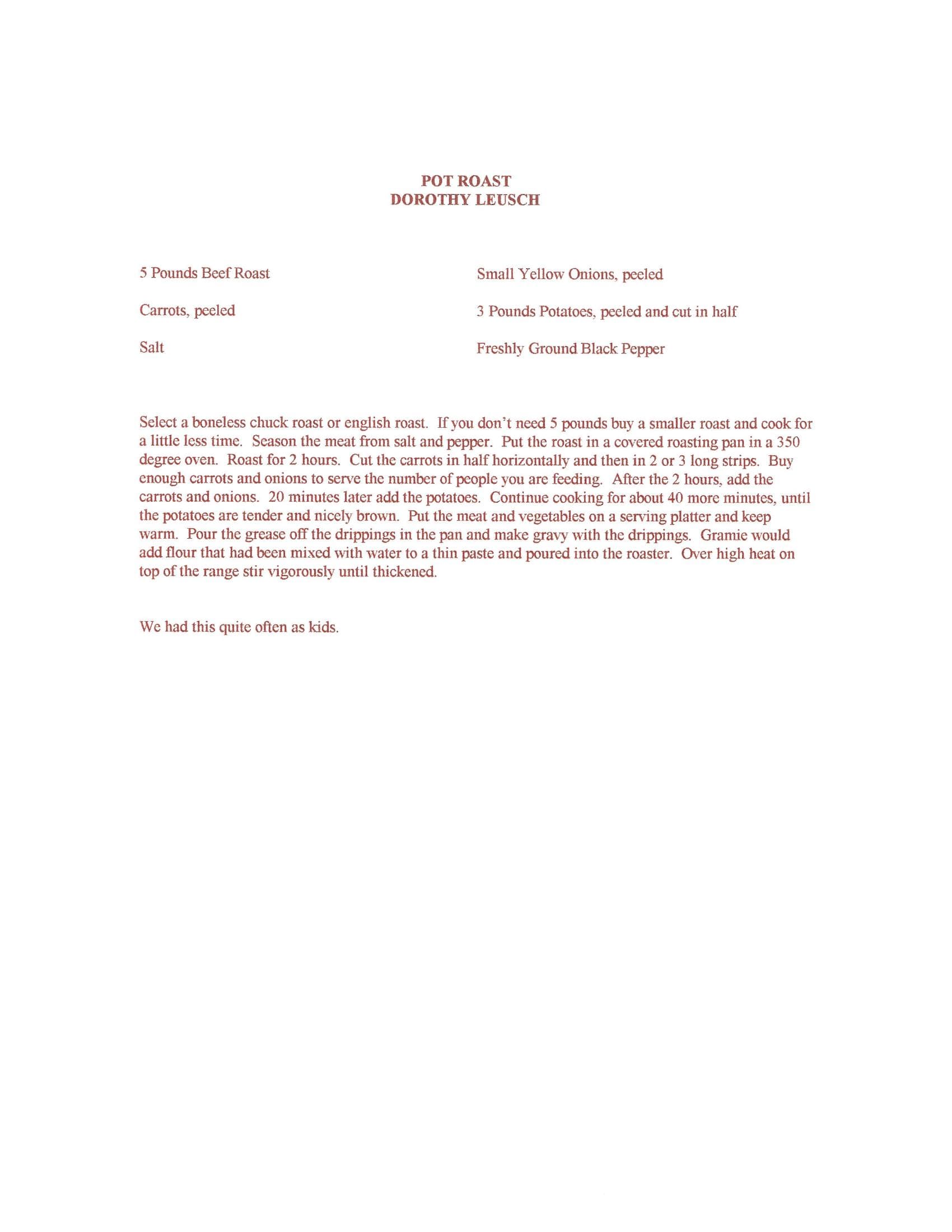 Original cookbook page for Pot Roast