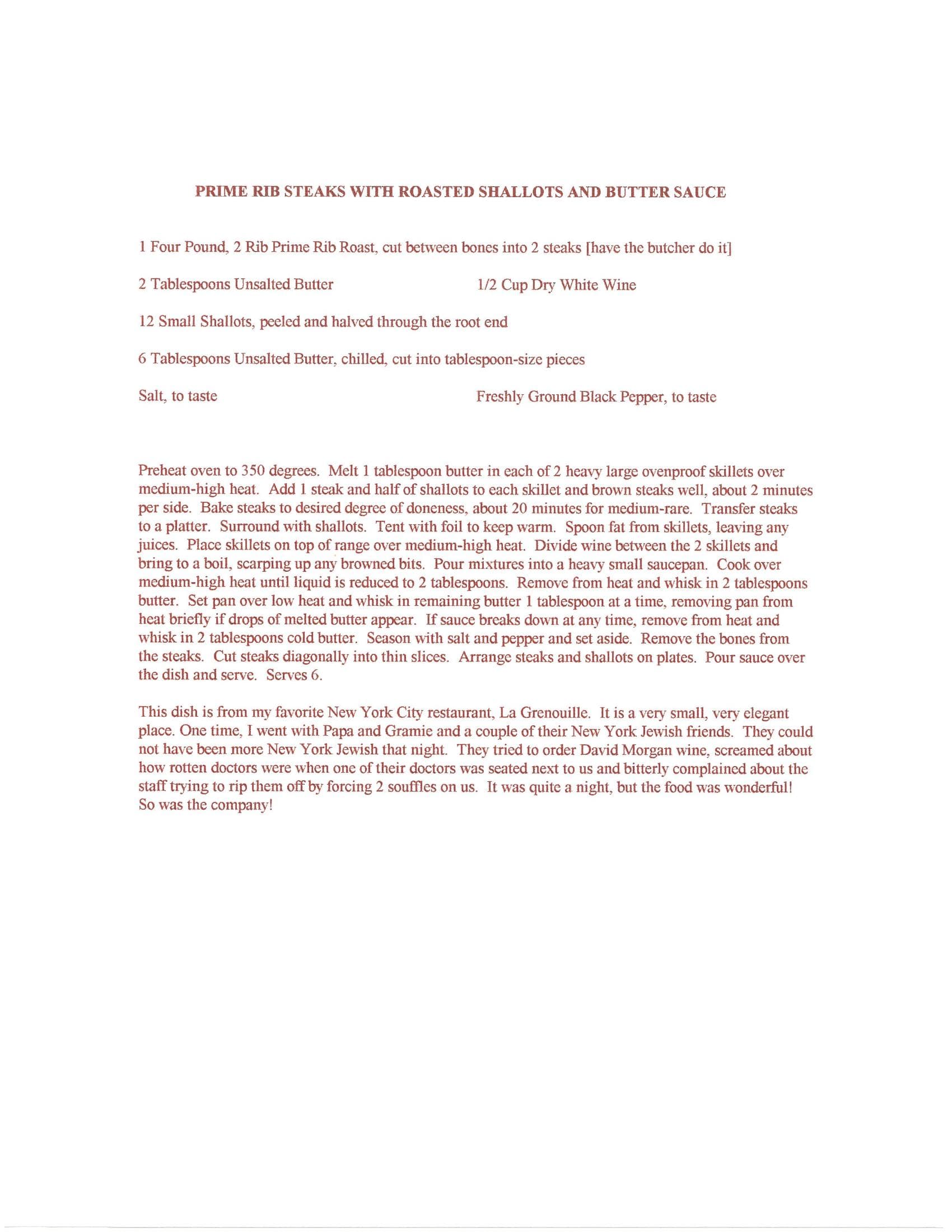 Original cookbook page for Prime Rib Steaks with Roasted Shallots and Butter Sauce