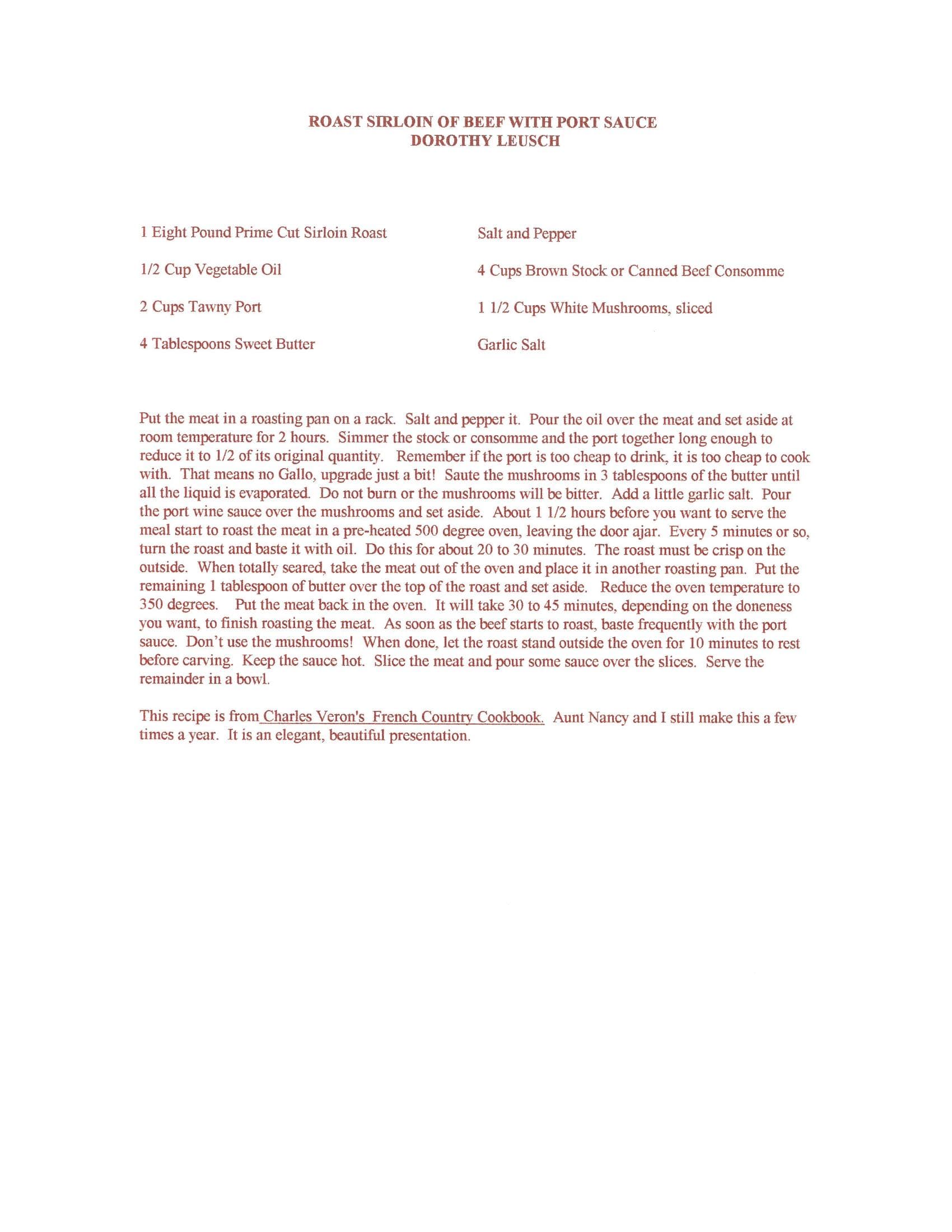 Original cookbook page for Roast Sirloin of Beef with Port Sauce