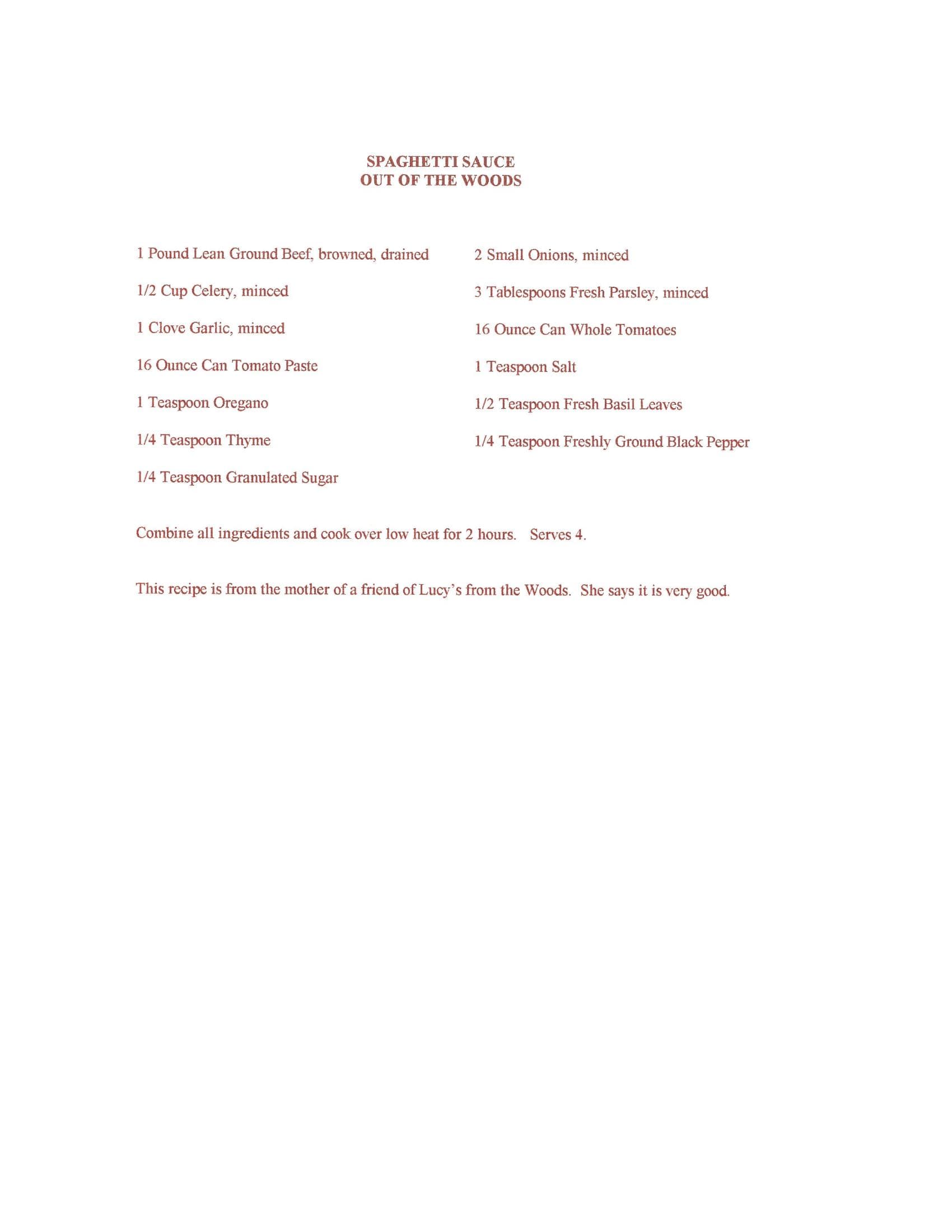 Original cookbook page for Spaghetti Sauce Out of the Woods