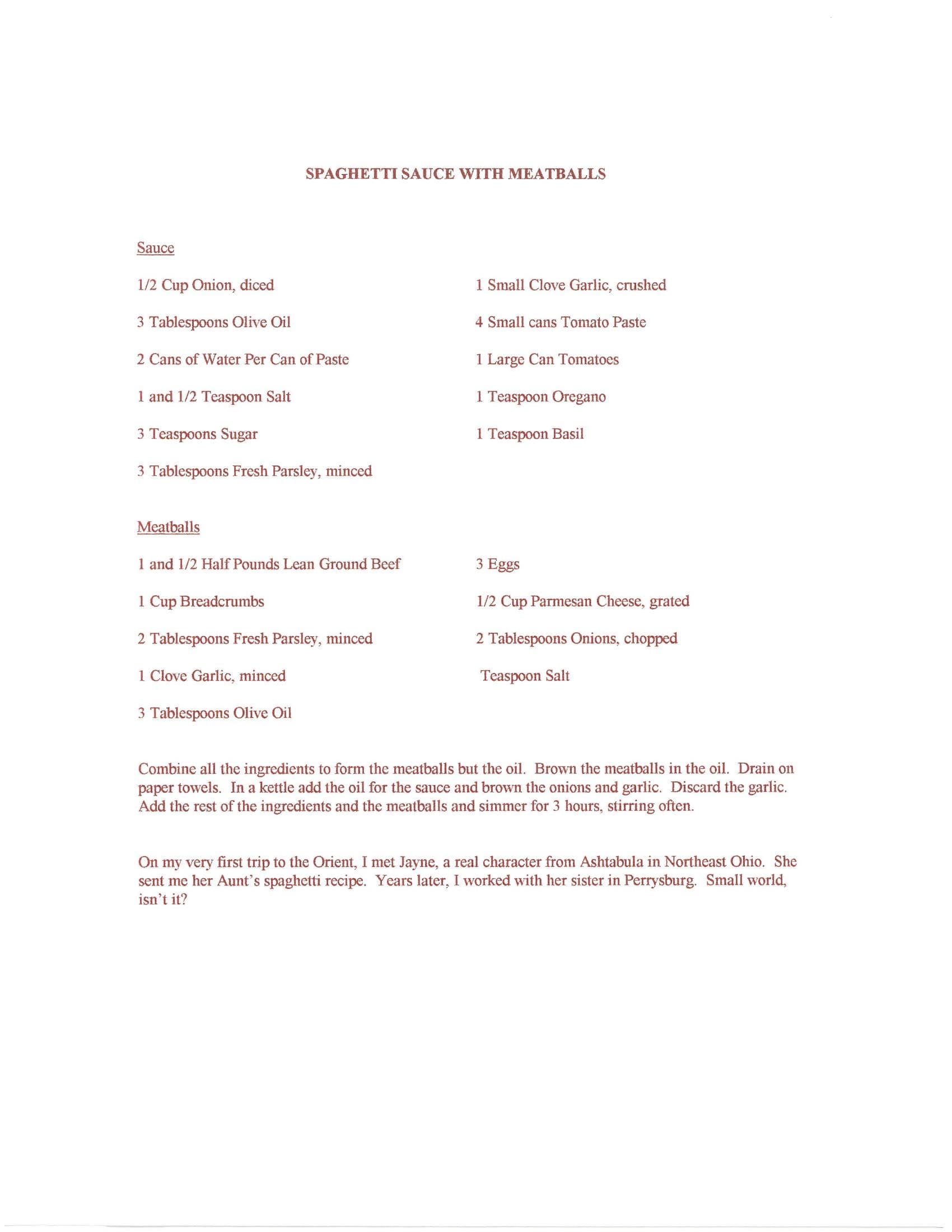 Original cookbook page for Spaghetti Sauce with Meatballs