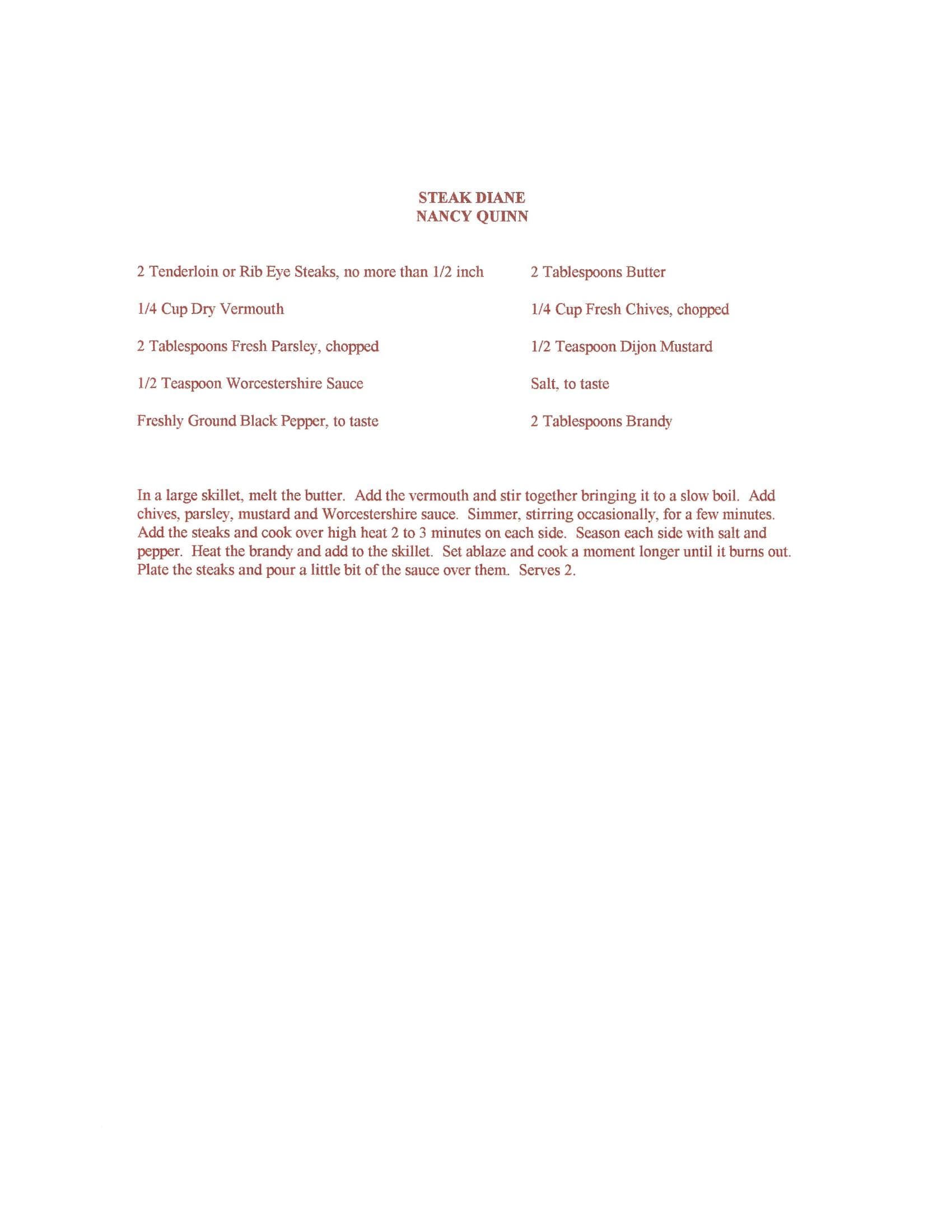 Original cookbook page for Steak Diane