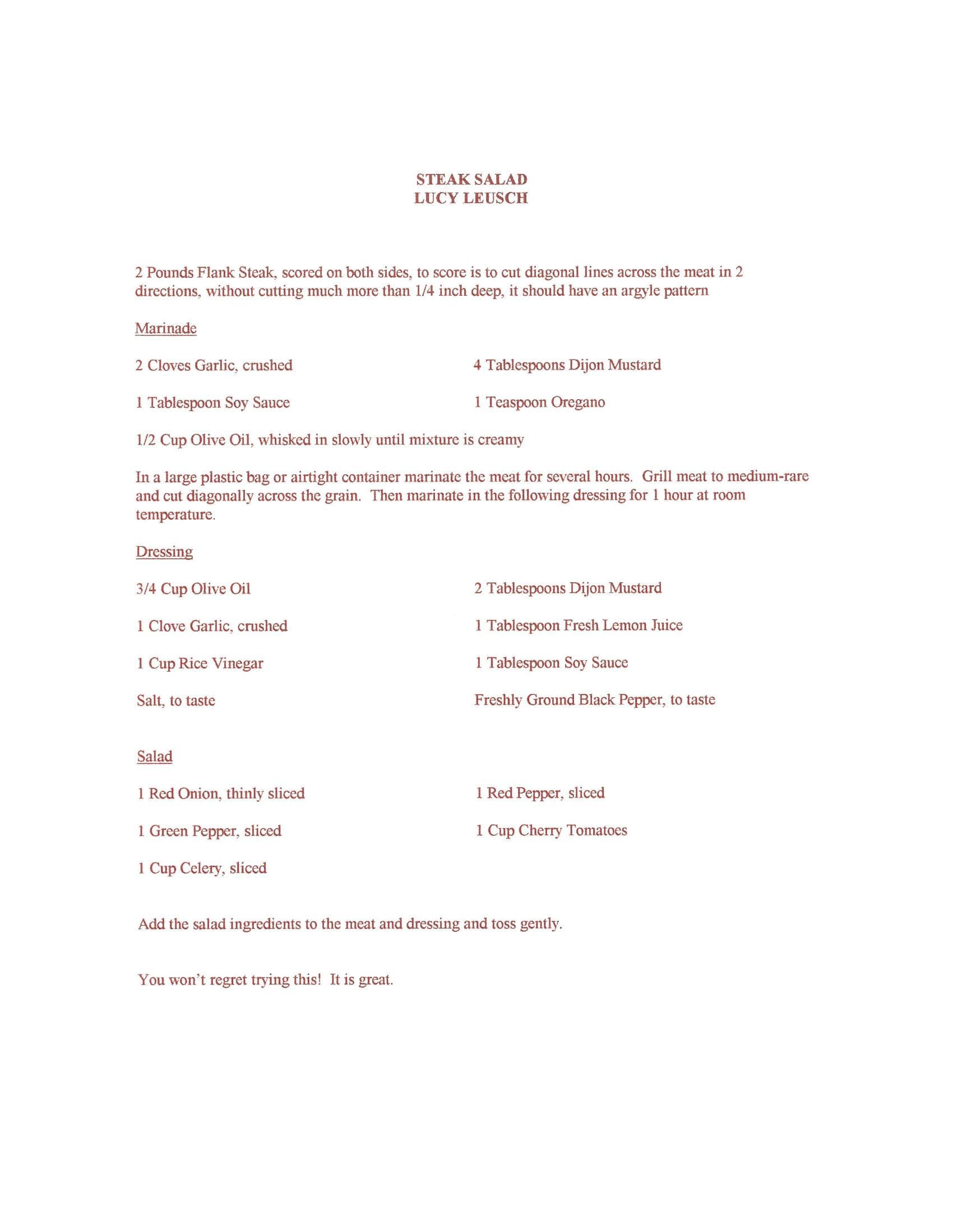 Original cookbook page for Steak Salad