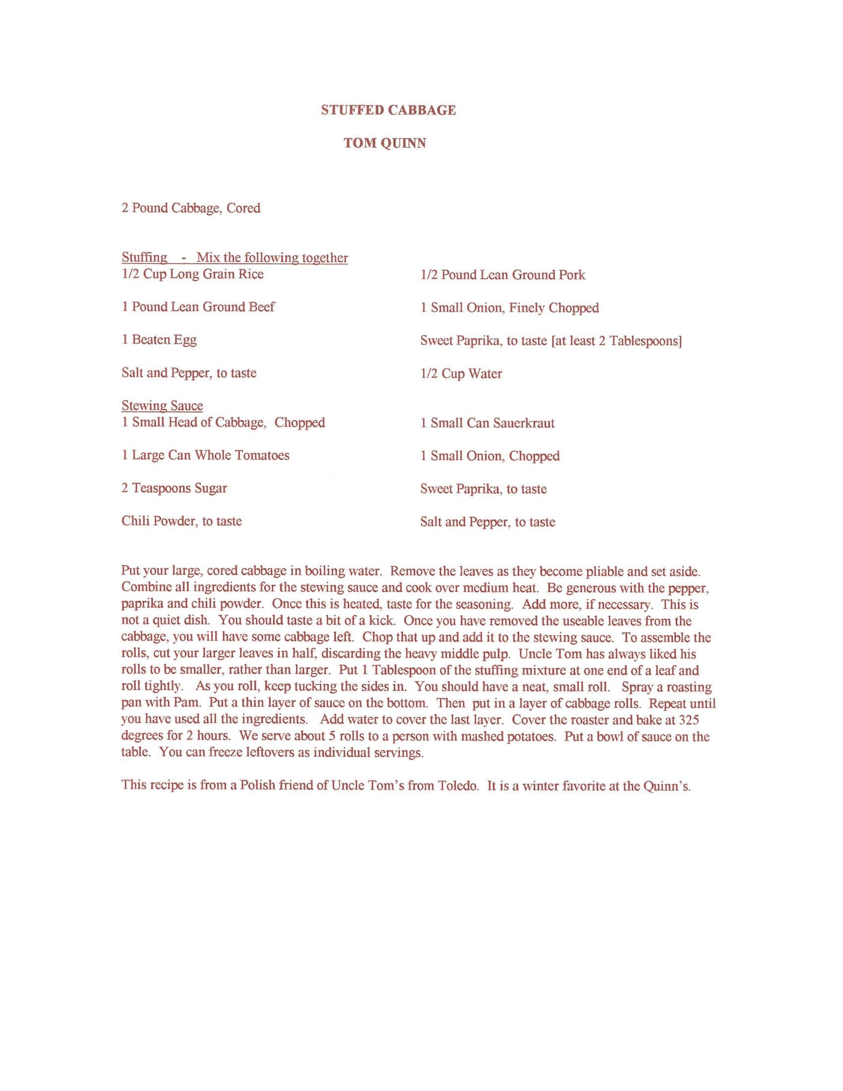 Original cookbook page for Stuffed Cabbage
