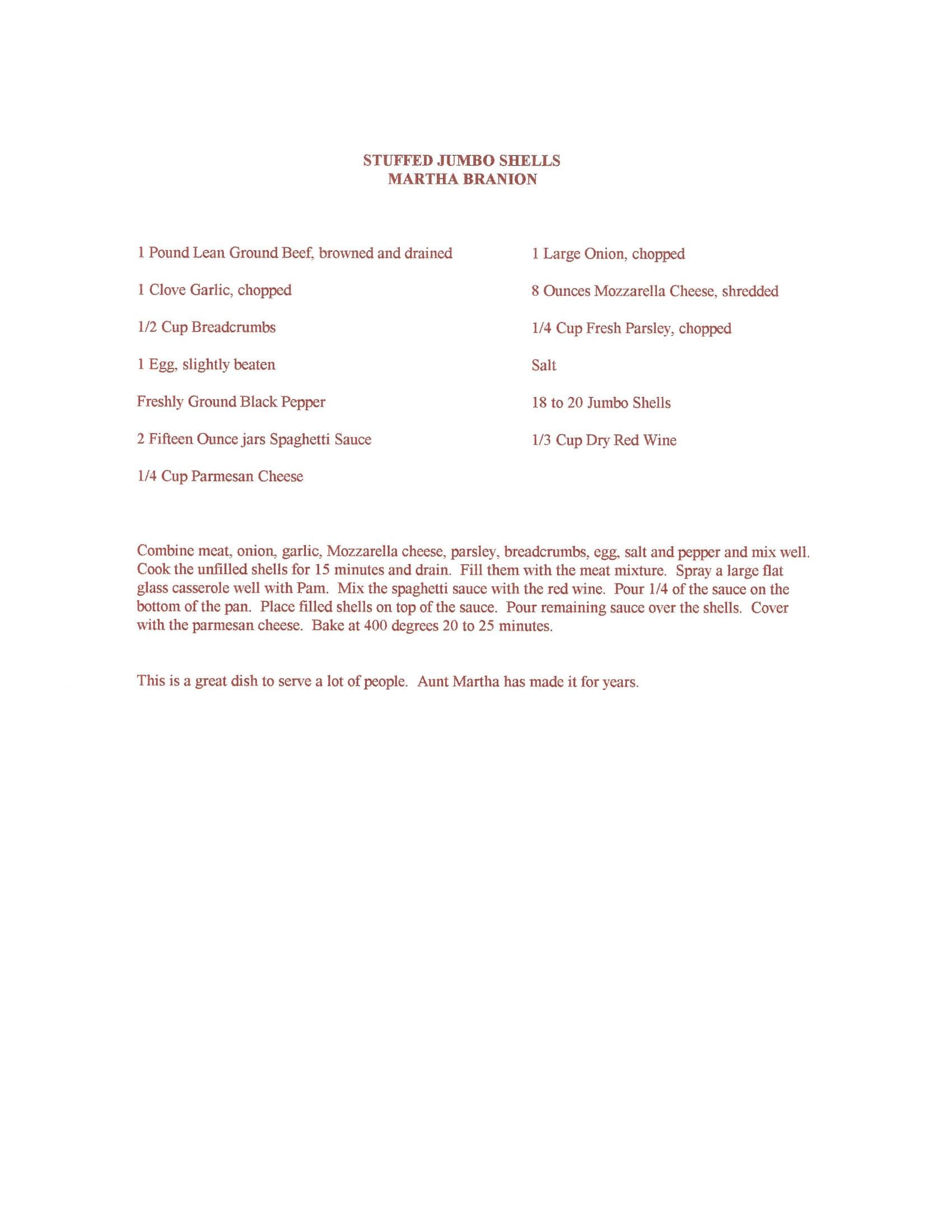 Original cookbook page for Stuffed Jumbo Shells