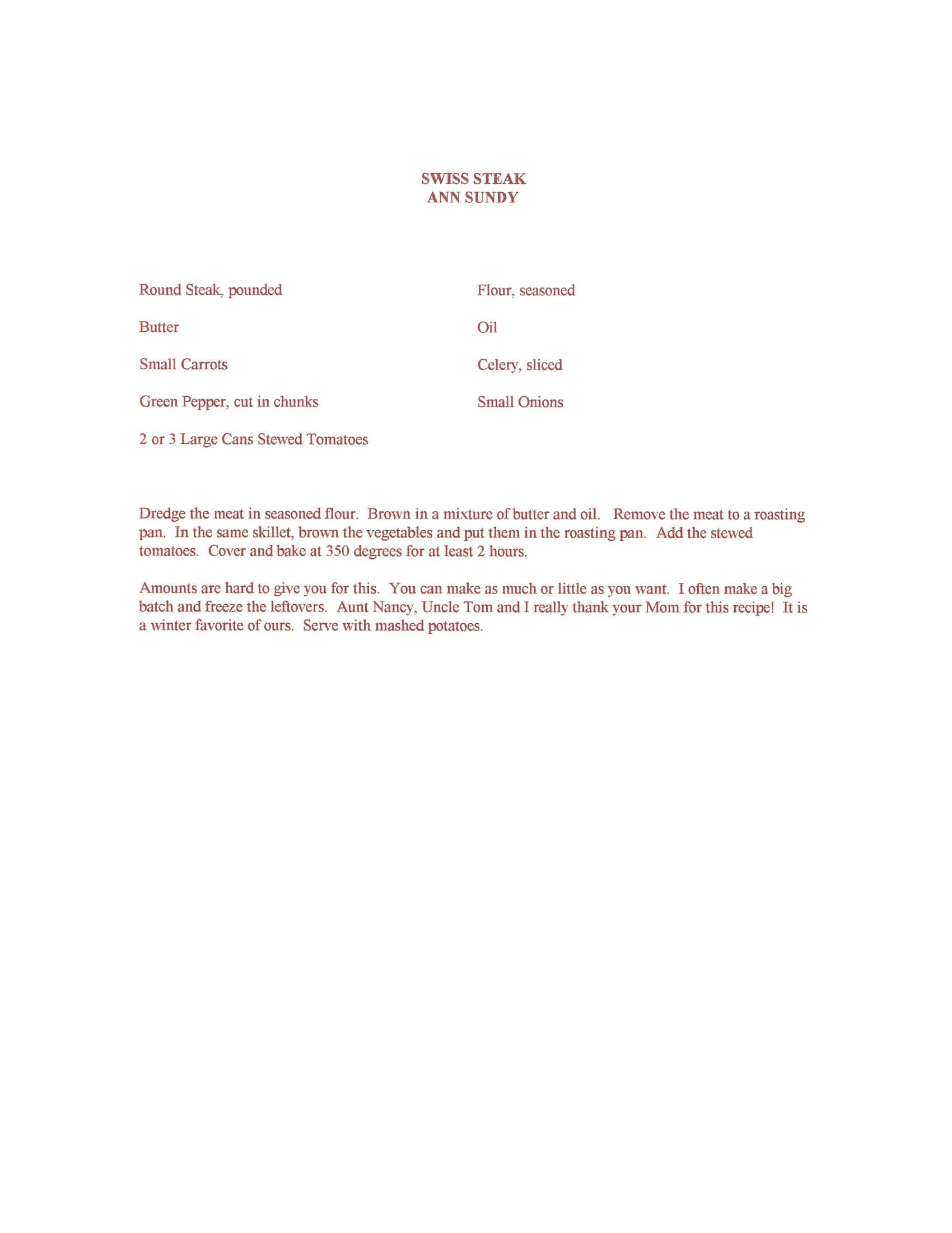 Original cookbook page for Swiss Steak