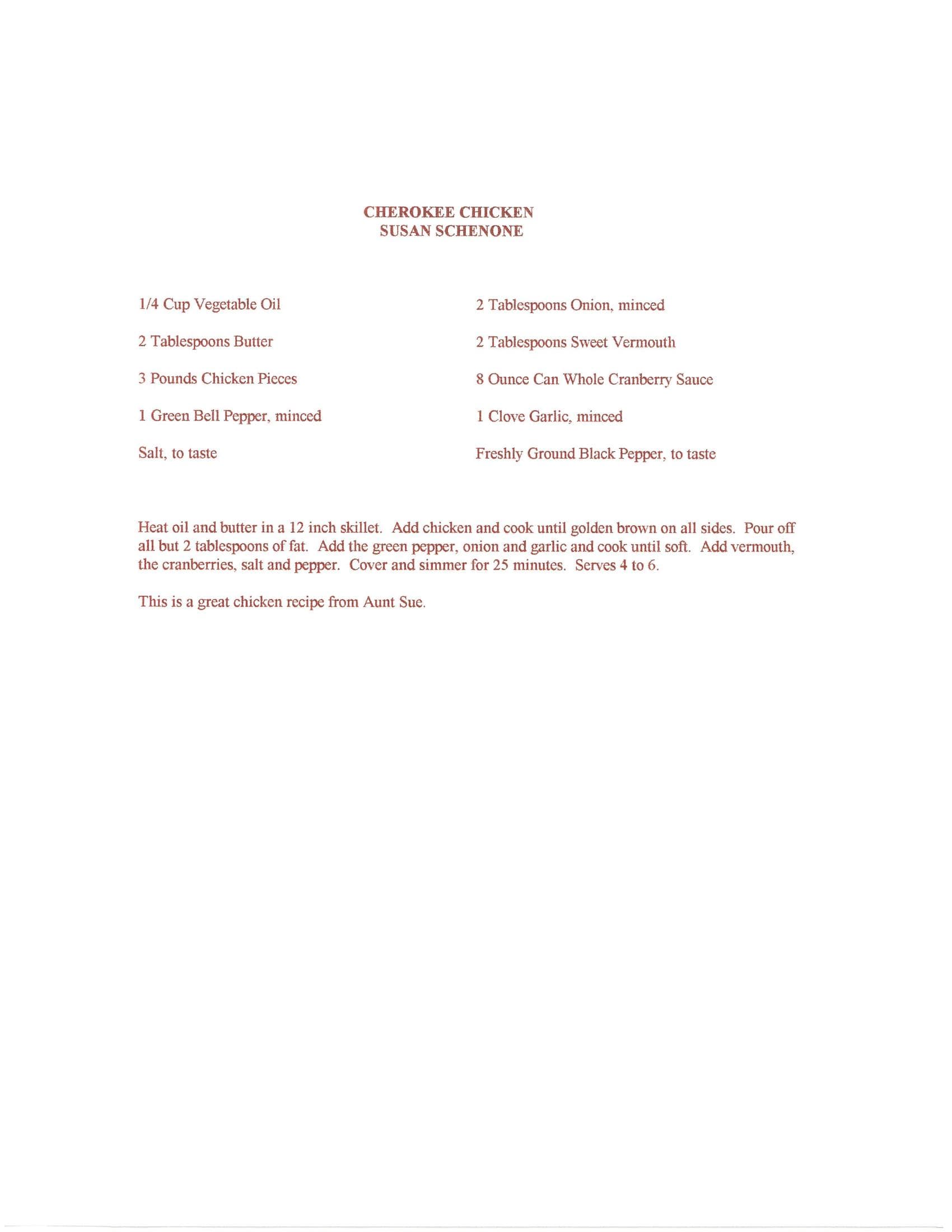 Original cookbook page for Cherokee Chicken
