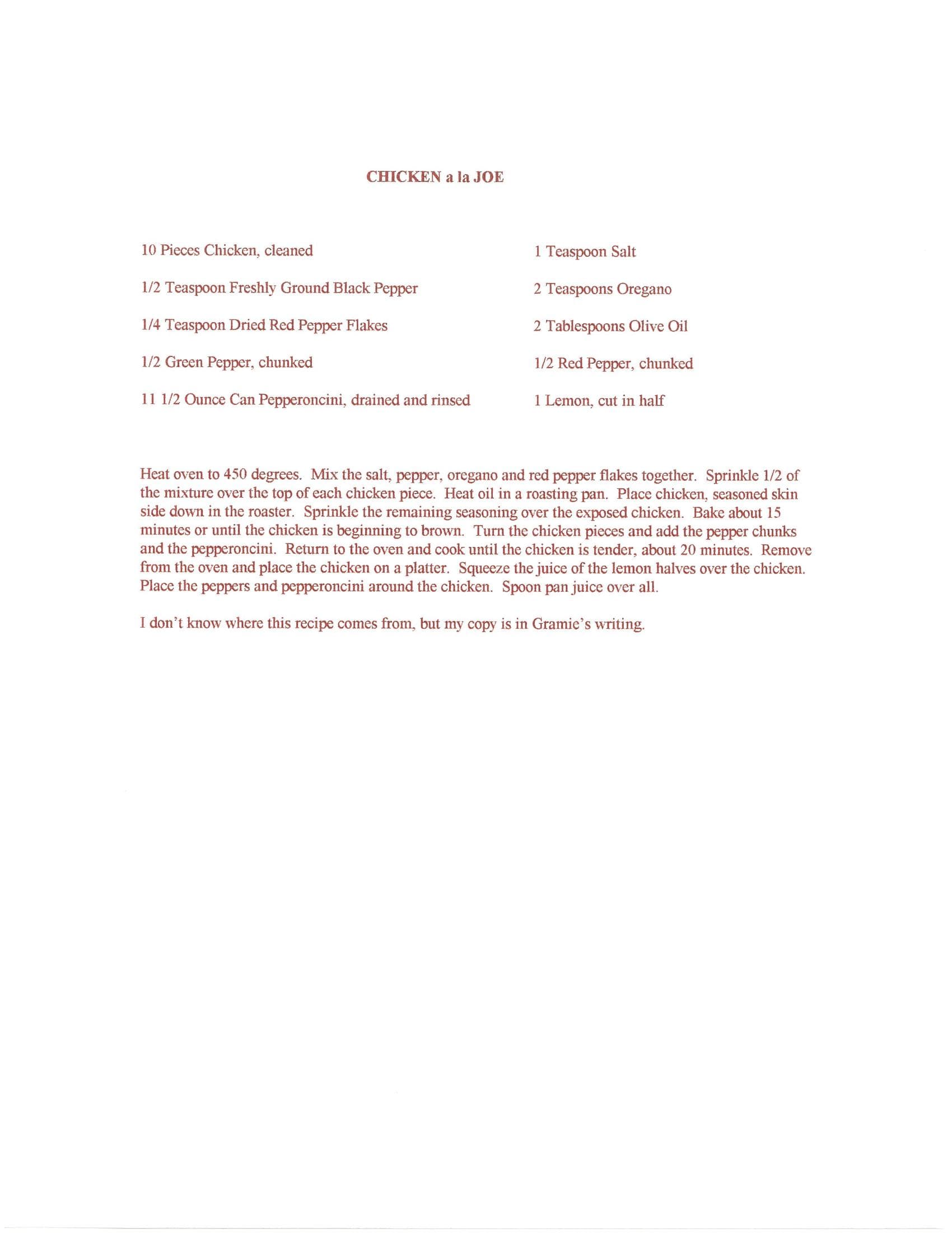 Original cookbook page for Chicken a La Joe