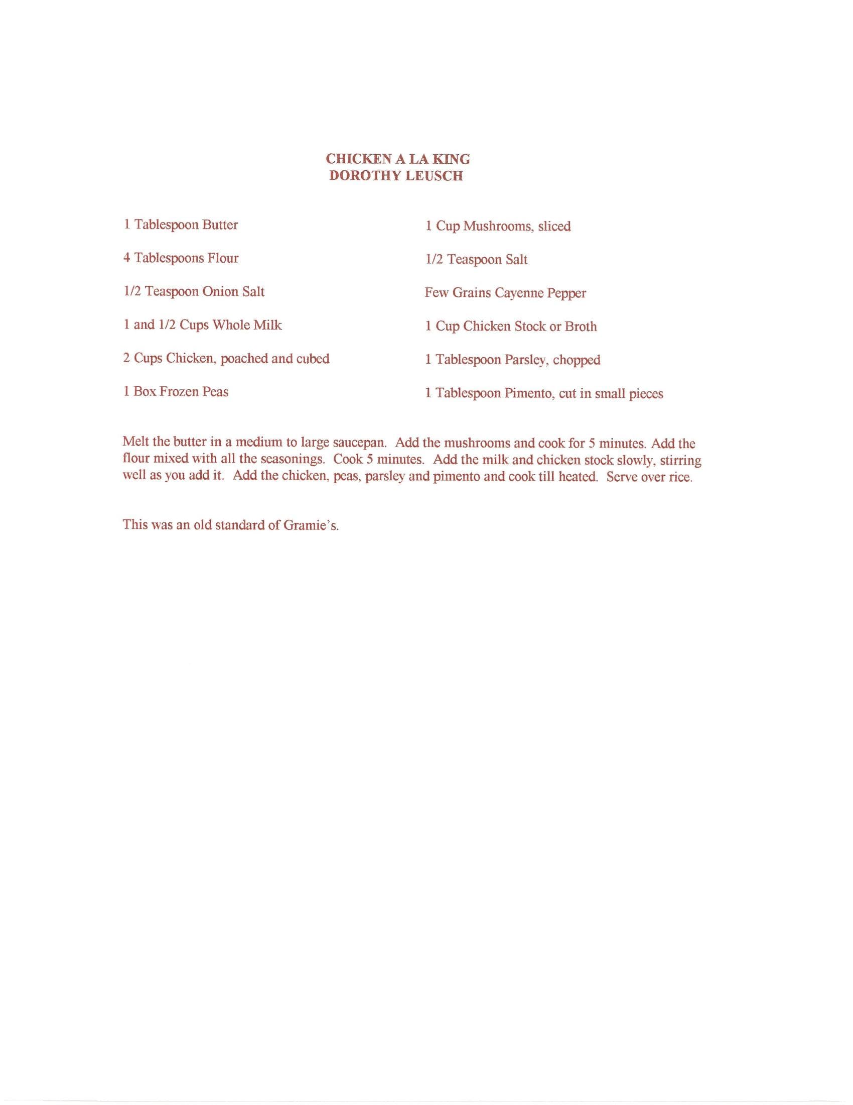 Original cookbook page for Chicken a La King