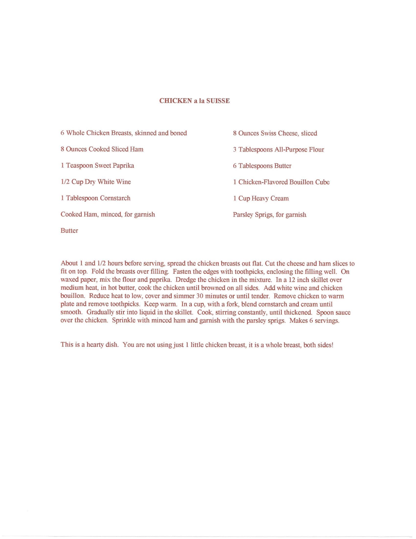 Original cookbook page for Chicken a La Suisse