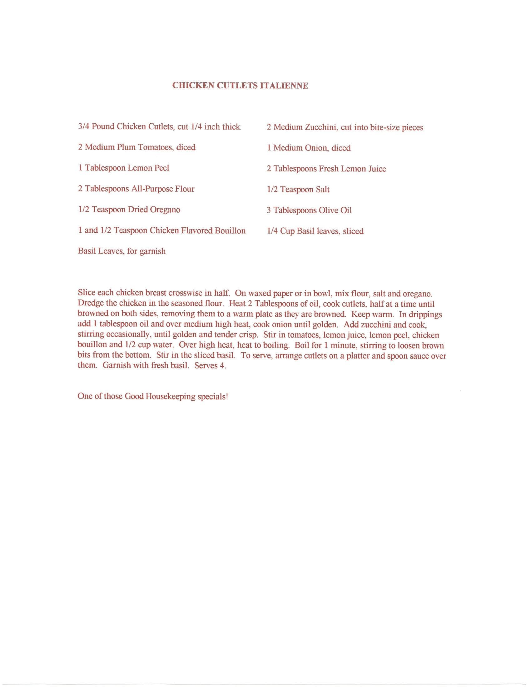 Original cookbook page for Chicken Cutlets Italienne