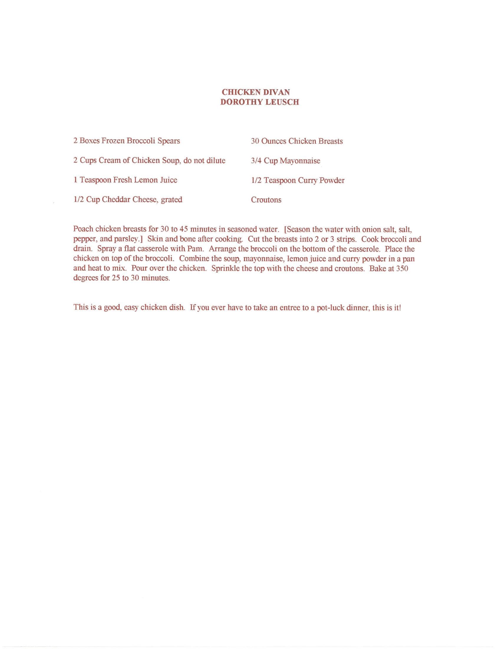 Original cookbook page for Chicken Divan