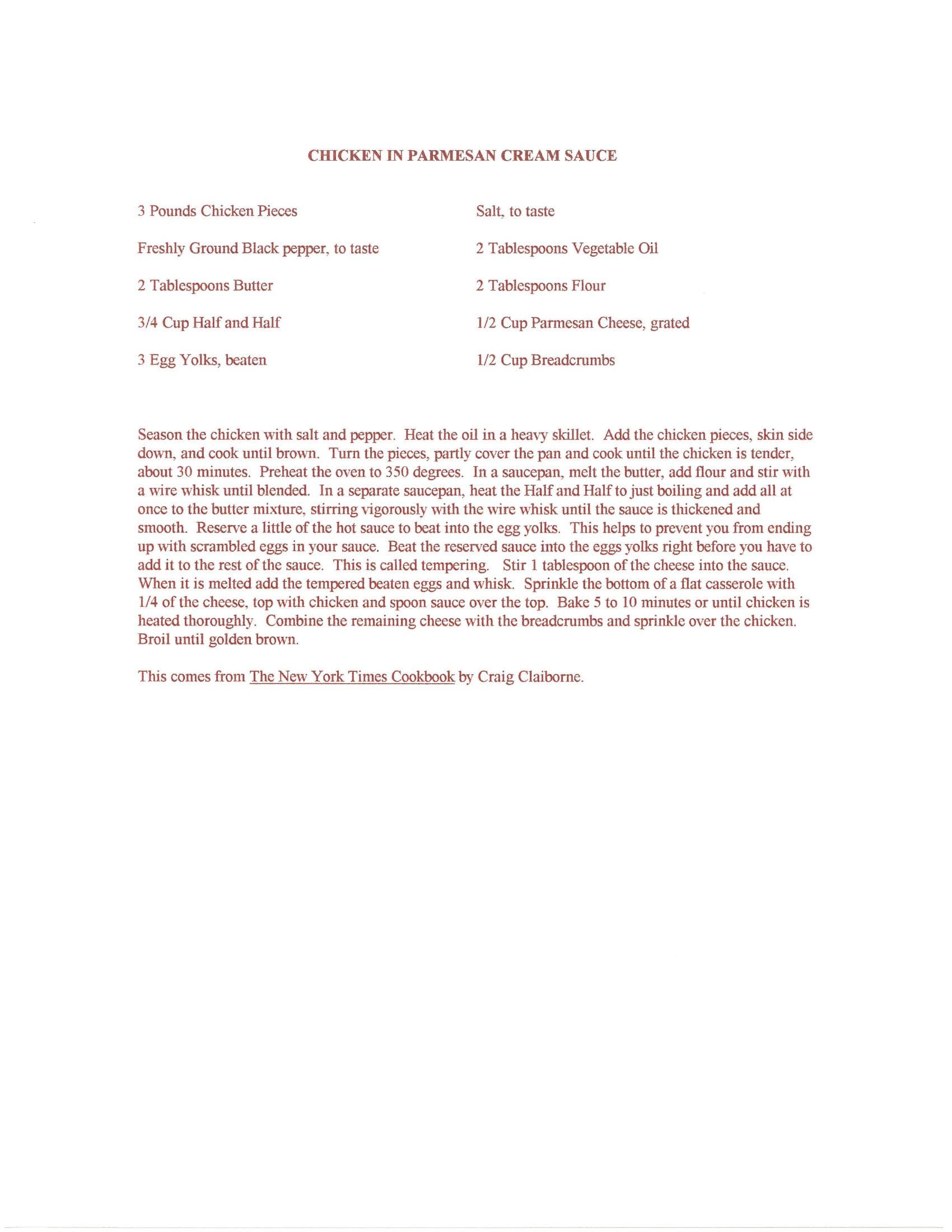 Original cookbook page for Chicken in Parmesan Cream Sauce