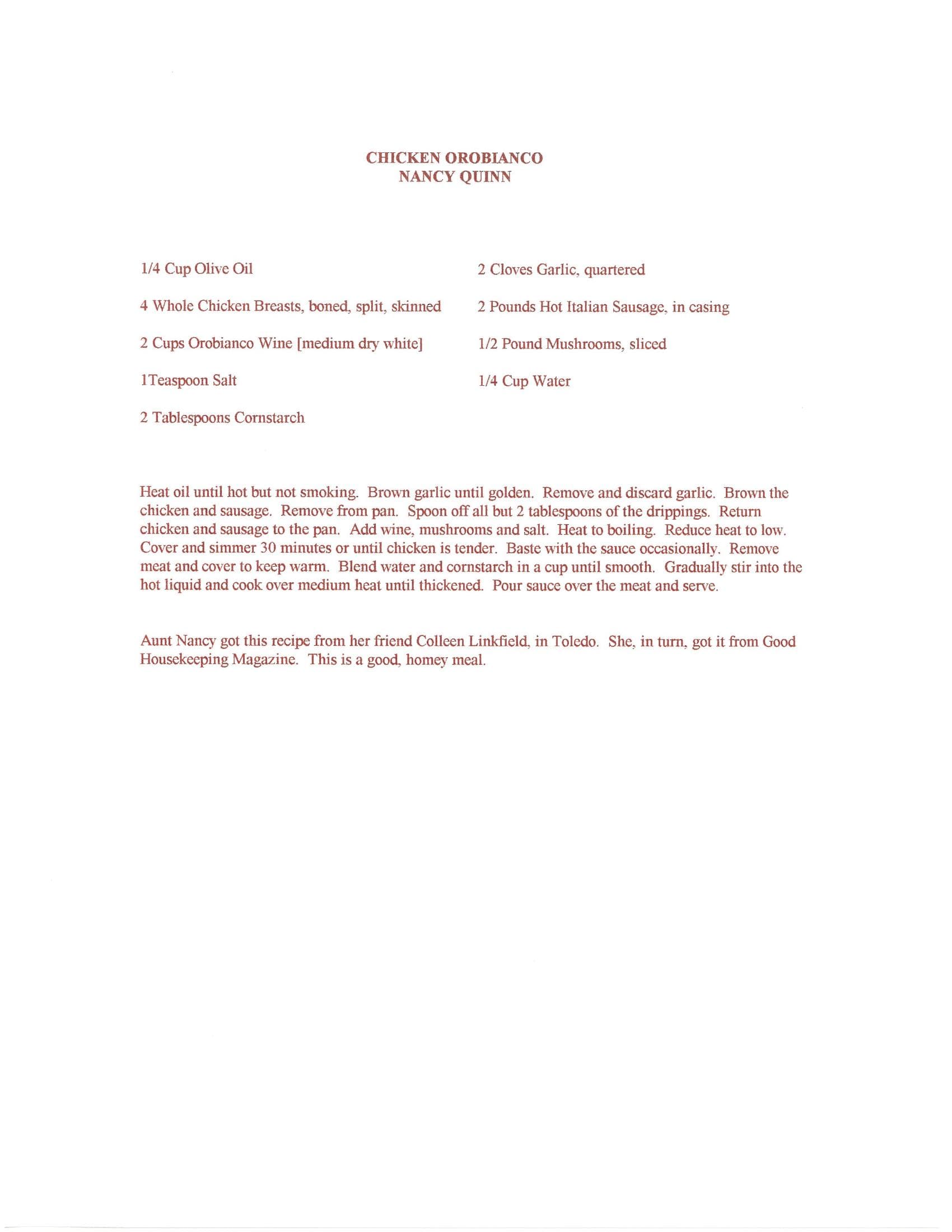 Original cookbook page for Chicken Orobianco