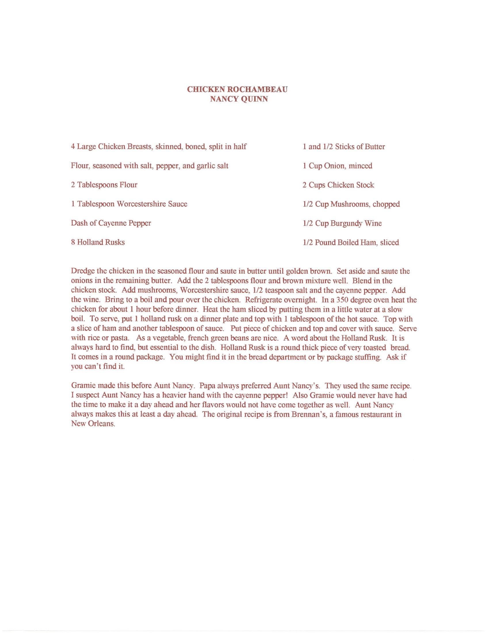 Original cookbook page for Chicken Rochambeau