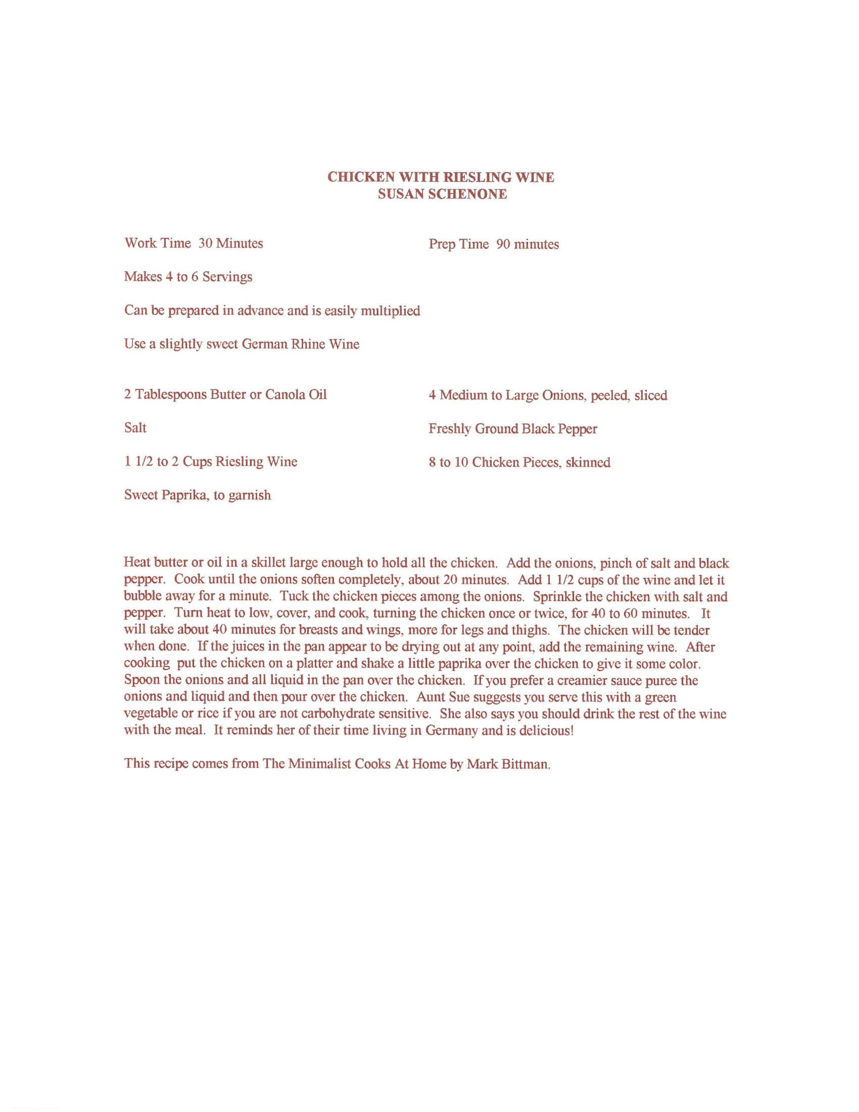 Original cookbook page for Chicken with Riesling Wine