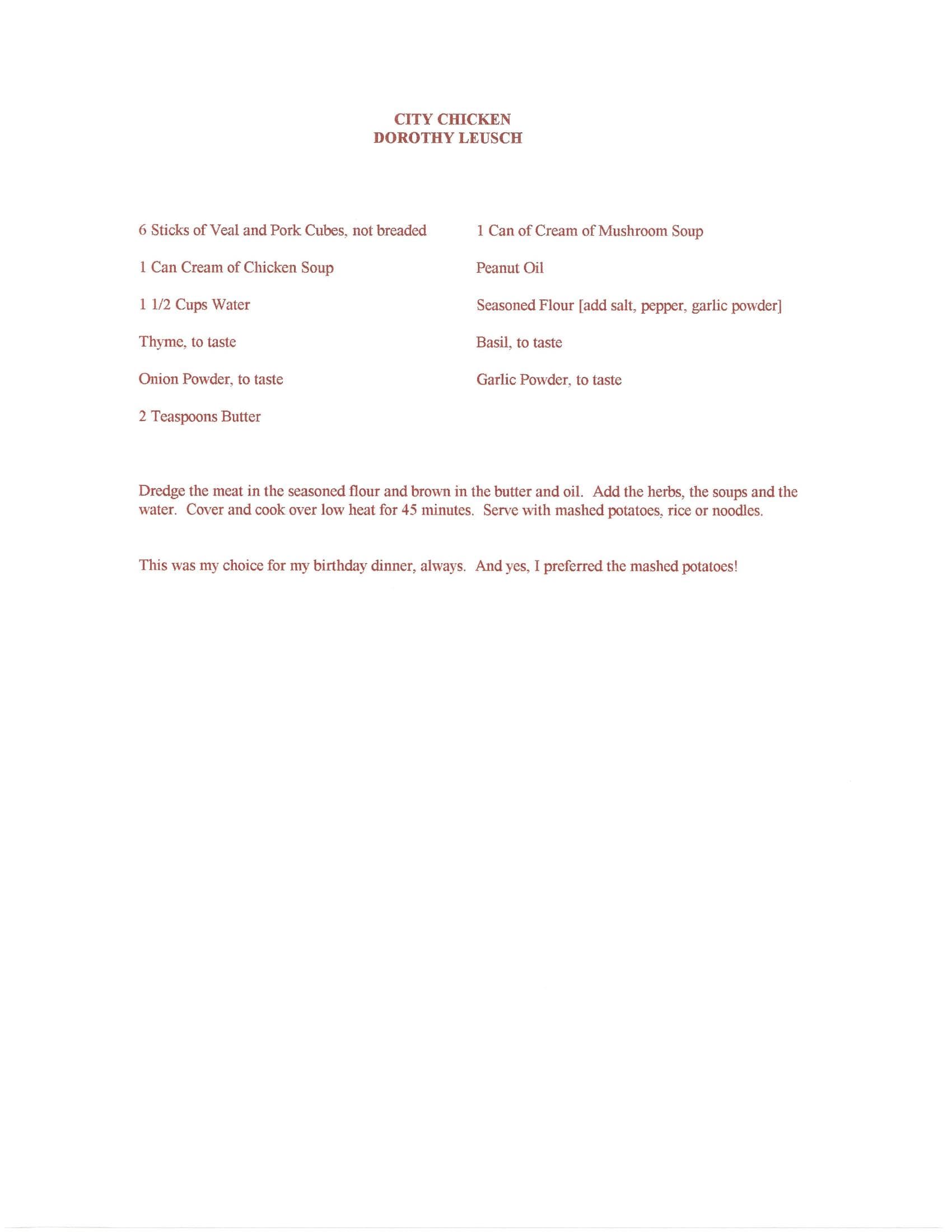Original cookbook page for City Chicken