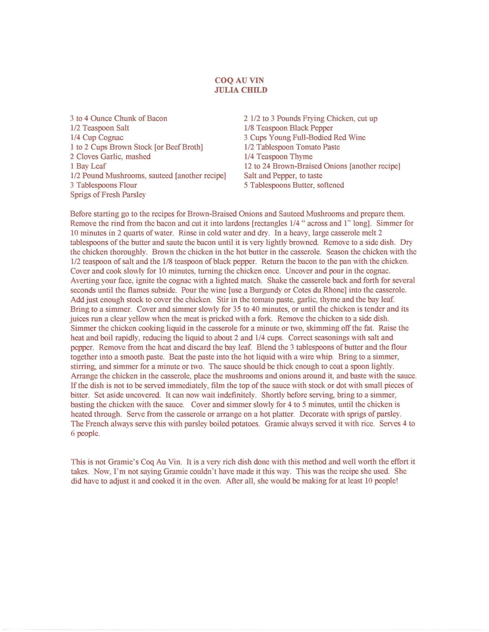 Original cookbook page for Coq au Vin