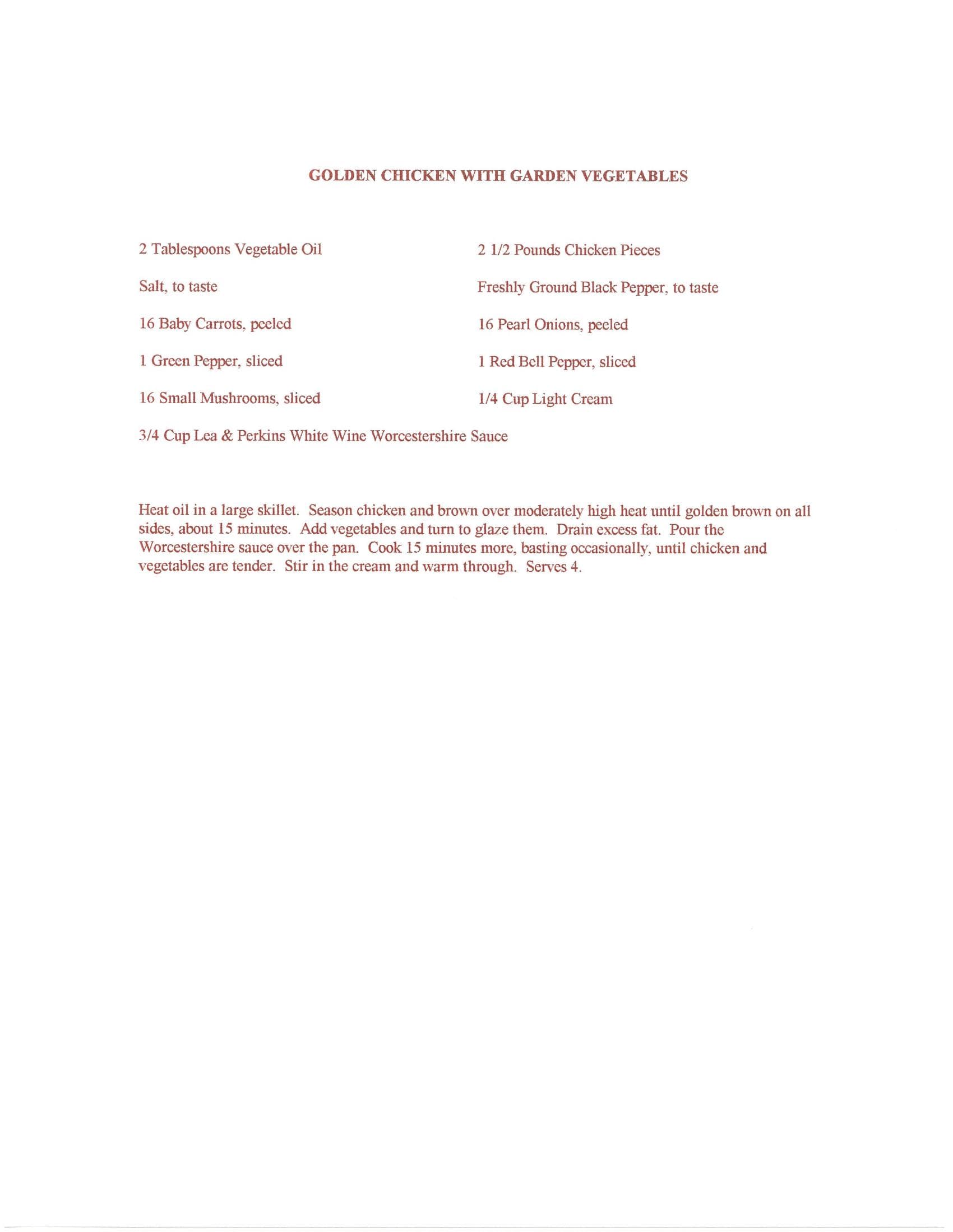 Original cookbook page for Golden Chicken with Garden Vegetables