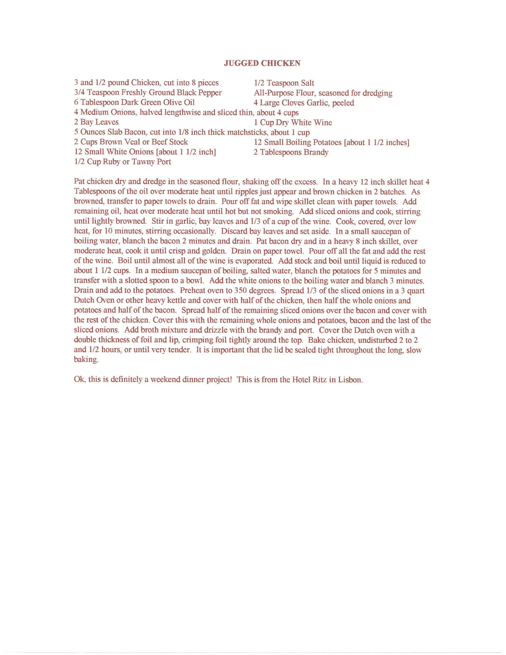 Original cookbook page for Jugged Chicken