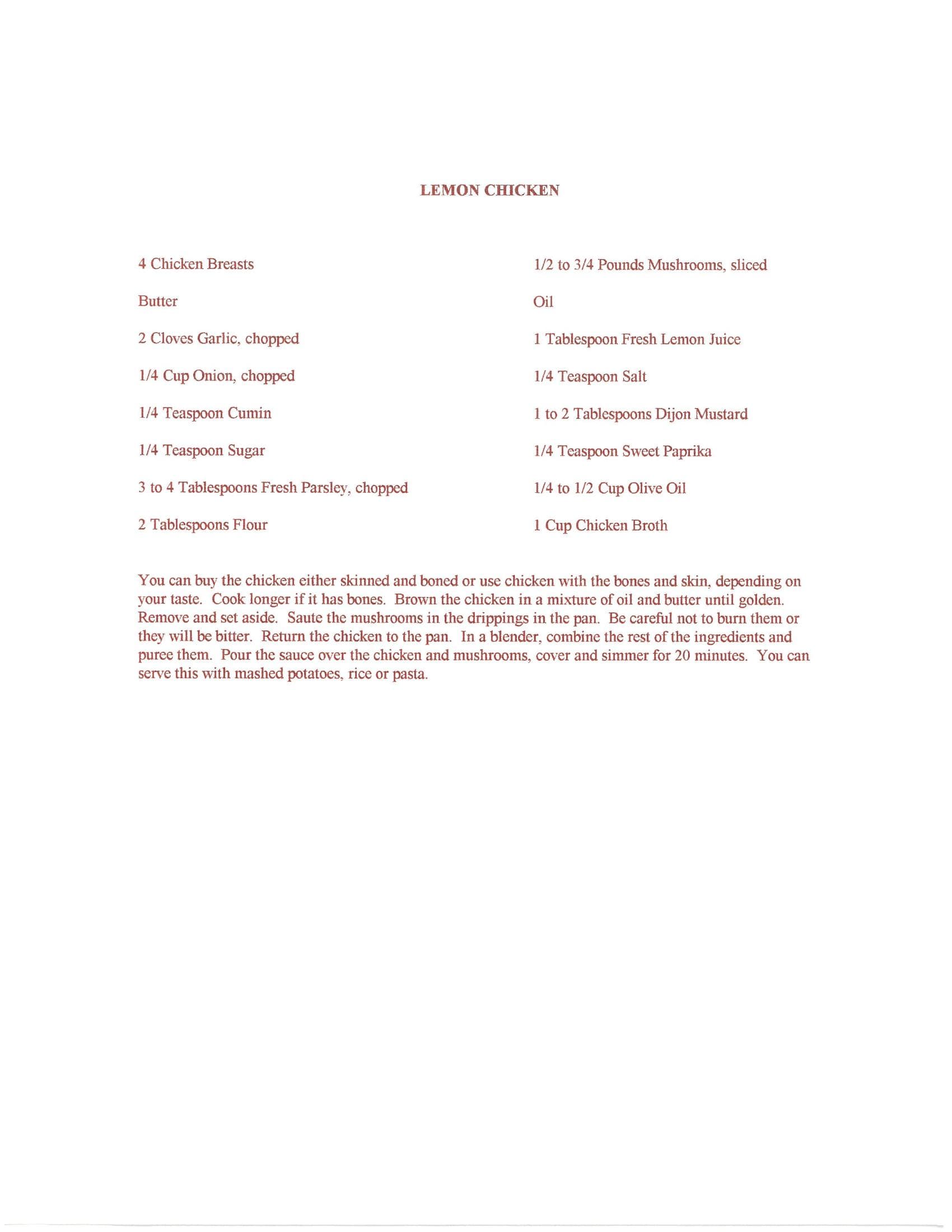 Original cookbook page for Lemon Chicken