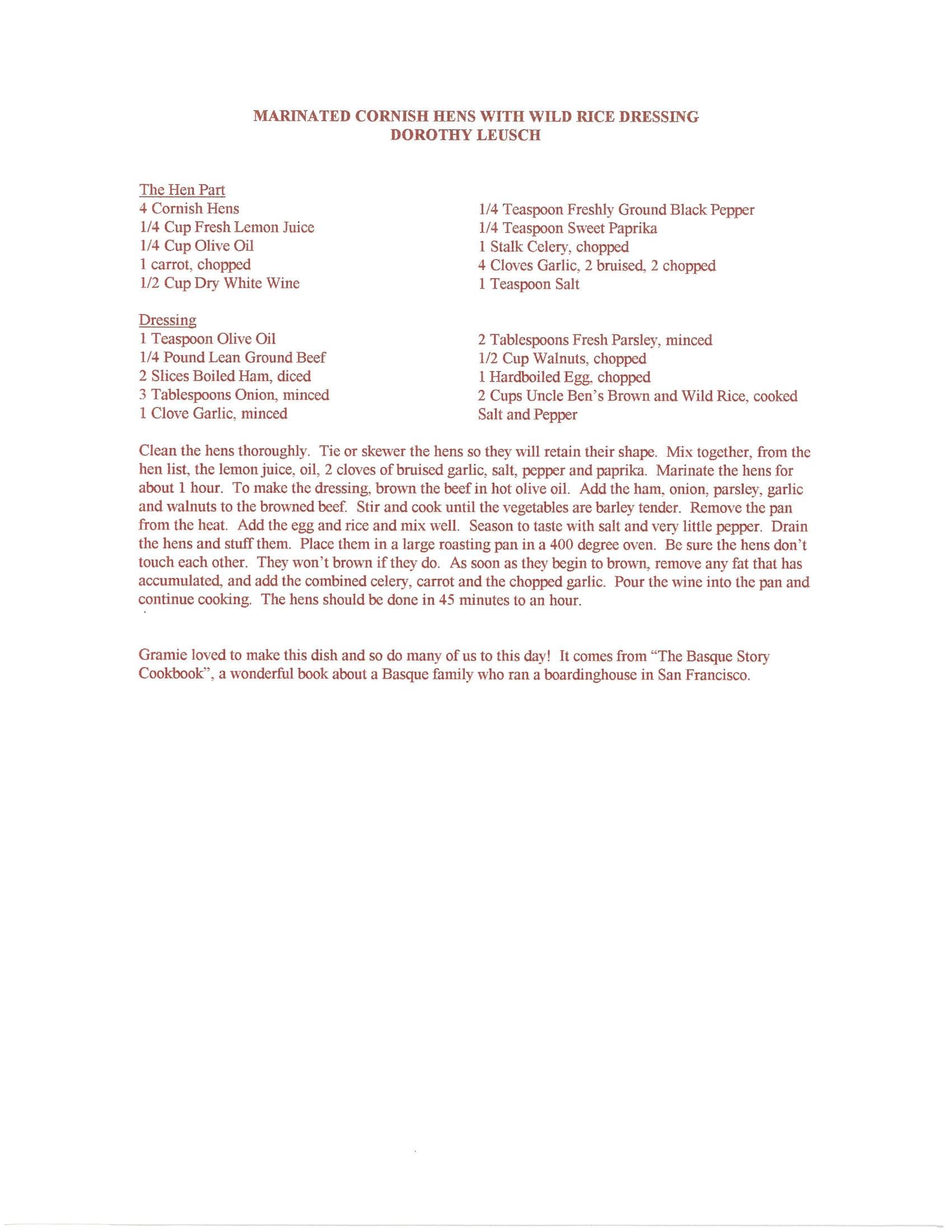 Original cookbook page for Marinated Cornish Hens with Wild Rice Dressing